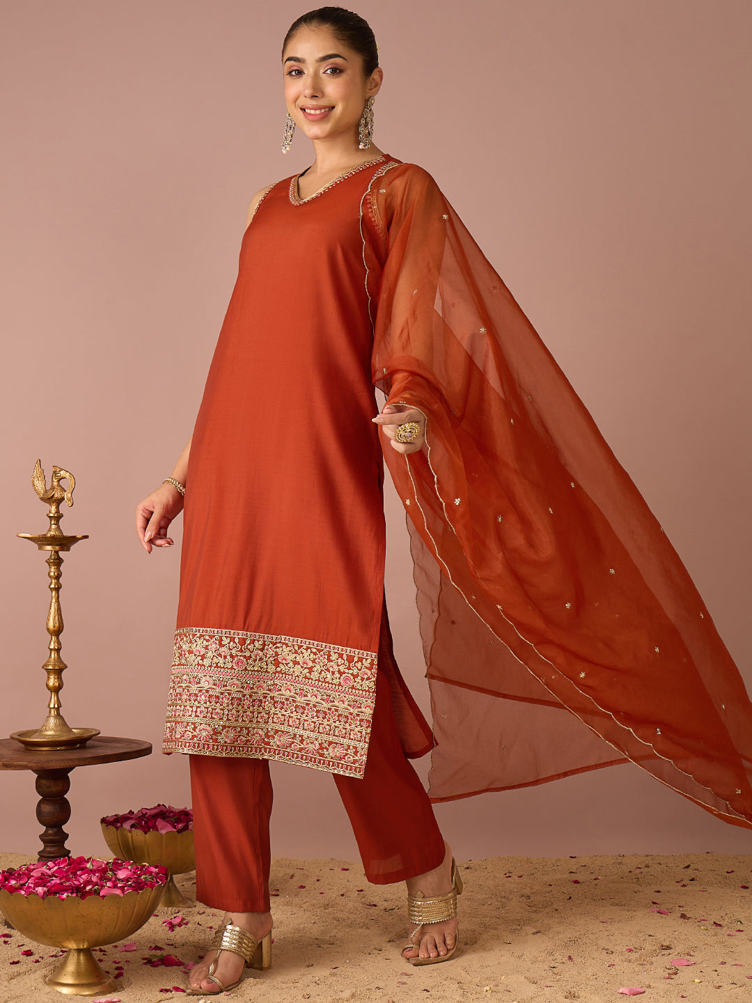 Janasya Women's Rust Chanderi Silk Floral Sequins and Zari Embroidered Straight Kurta Set