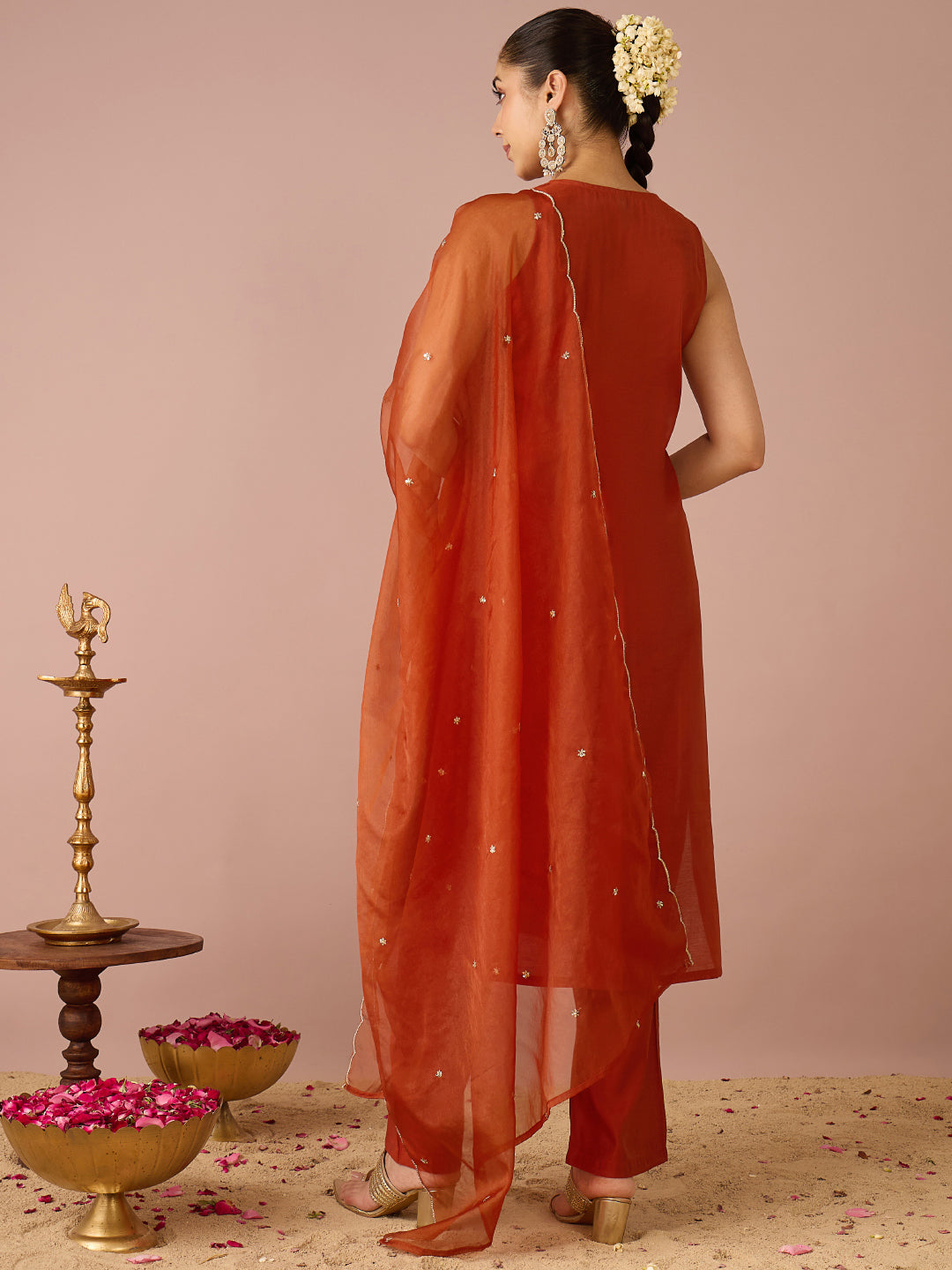 Janasya Women's Rust Chanderi Silk Floral Sequins and Zari Embroidered Straight Kurta Set