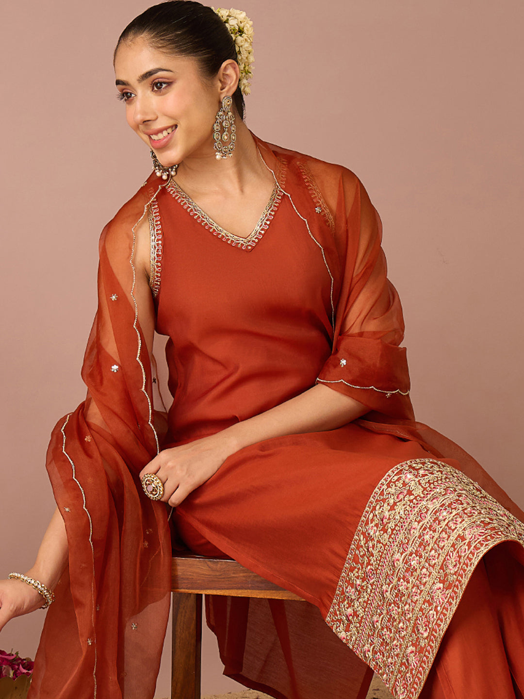 Janasya Women's Rust Chanderi Silk Floral Sequins and Zari Embroidered Straight Kurta Set