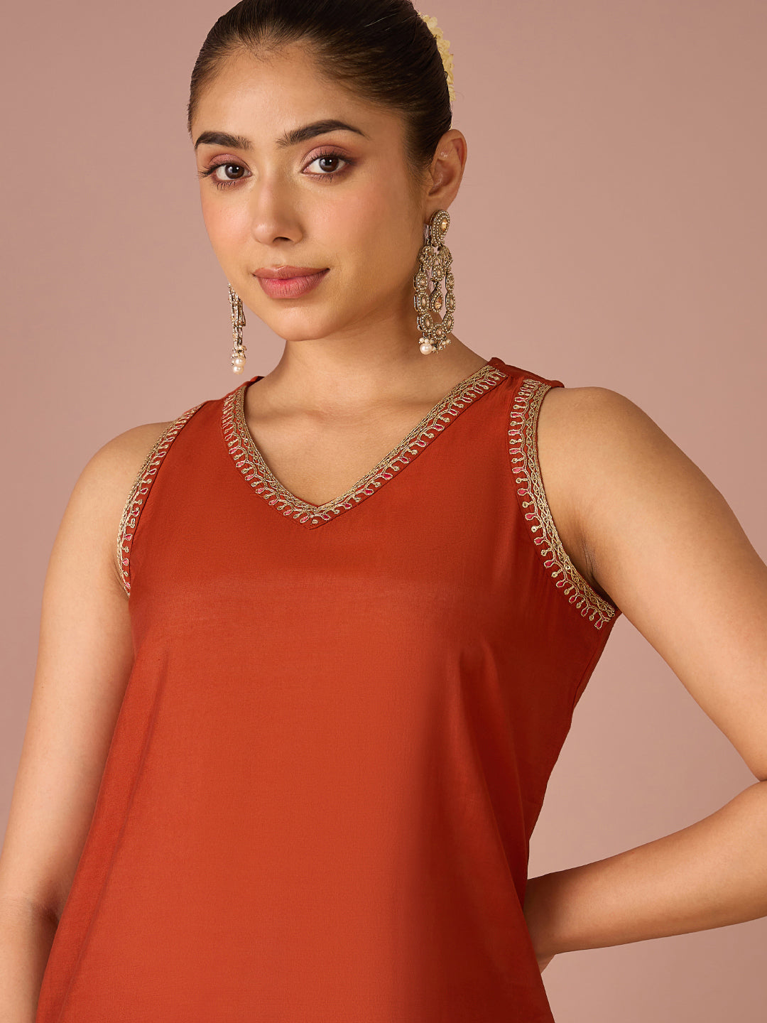 Janasya Women's Rust Chanderi Silk Floral Sequins and Zari Embroidered Straight Kurta Set
