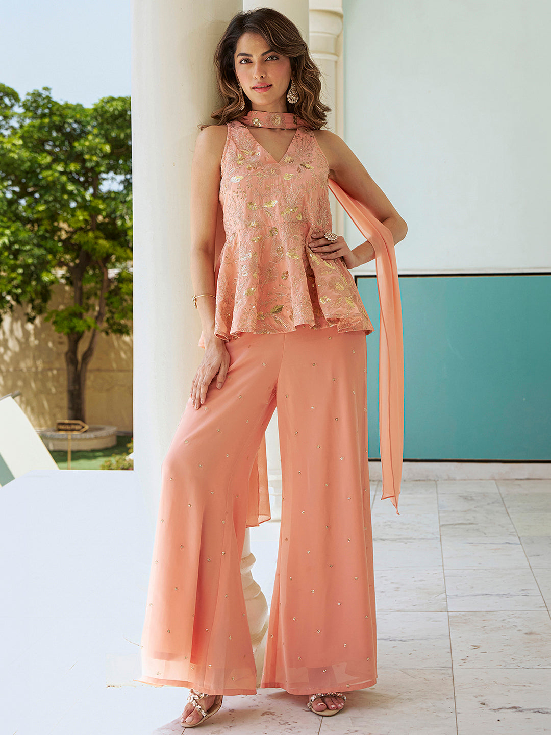 Janasya Women's Peach Georgette Floral Zari Embroidered A-Line Top with Pant And Choker Dupatta Set