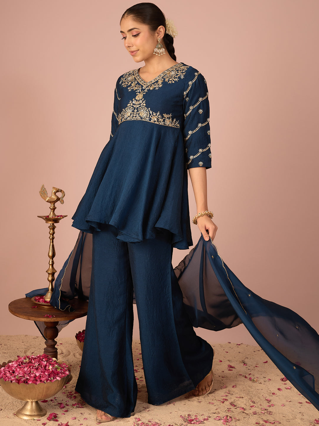Janasya Women's Teal Blue Silk Blend Floral Zari Embroidered Peplum Kurti with Pant & Dupatta Set