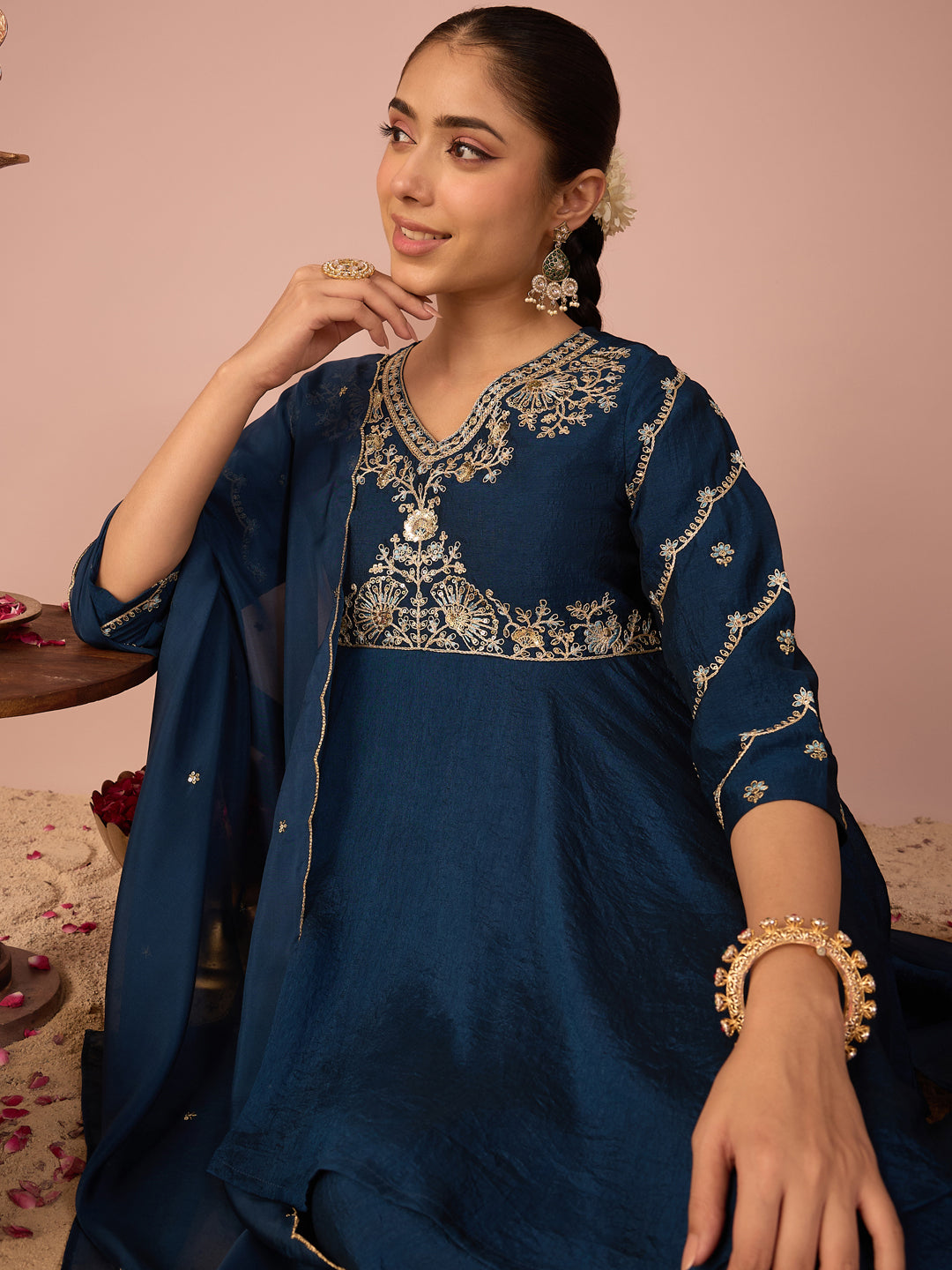 Janasya Women's Teal Blue Silk Blend Floral Zari Embroidered Peplum Kurti with Pant & Dupatta Set