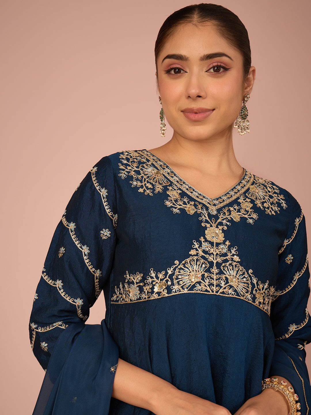 Janasya Women's Teal Blue Silk Blend Floral Zari Embroidered Peplum Kurti with Pant & Dupatta Set