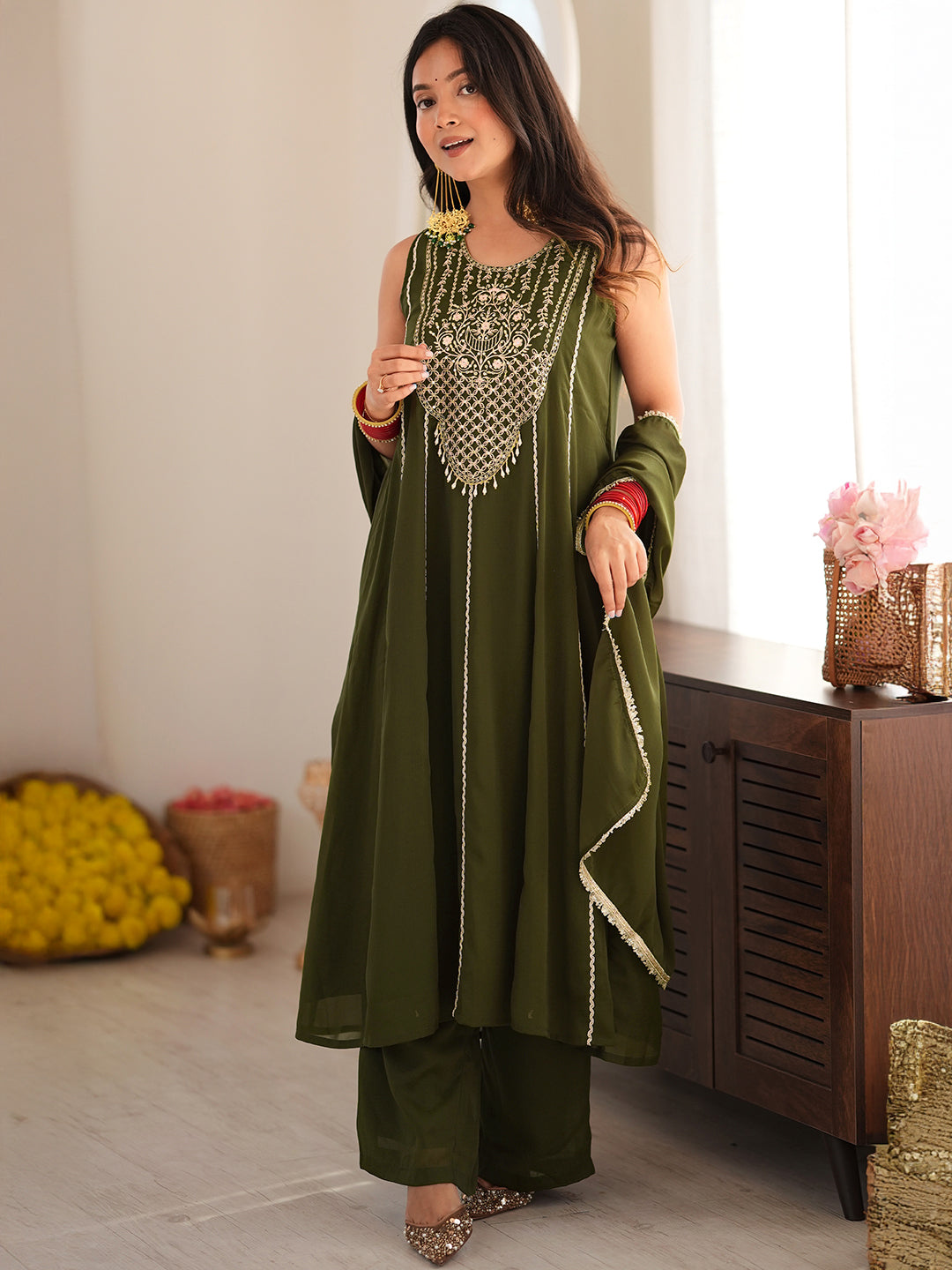 Janasya Women's Olive Green Georgette Floral Embroidered Anarkali Kurta Set
