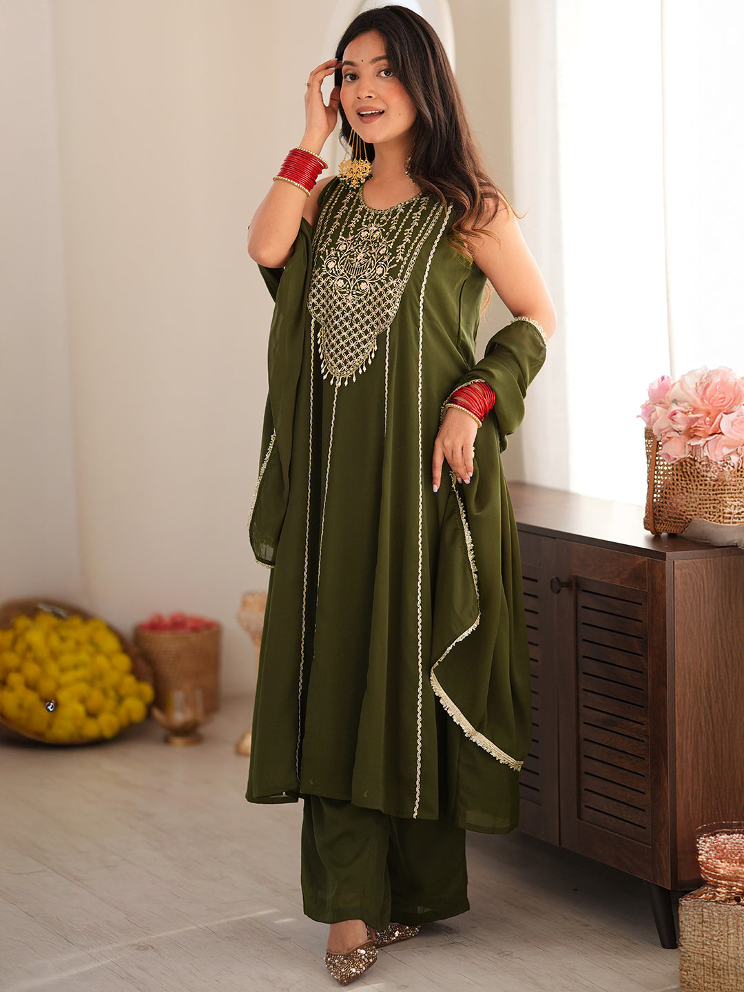 Janasya Women's Olive Green Georgette Floral Embroidered Anarkali Kurta Set
