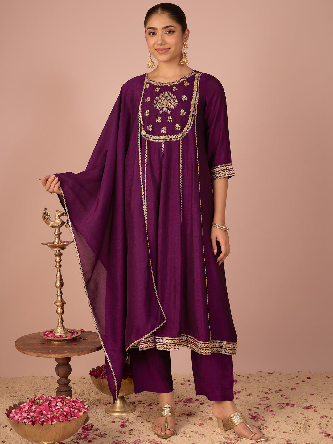 Janasya Women's Purple Silk Blend Floral Zari Embroidered Anarkali Kurta Set