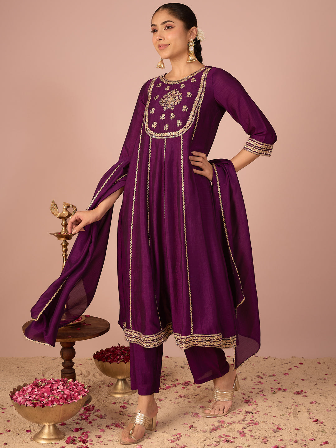 Janasya Women's Purple Silk Blend Floral Zari Embroidered Anarkali Kurta Set