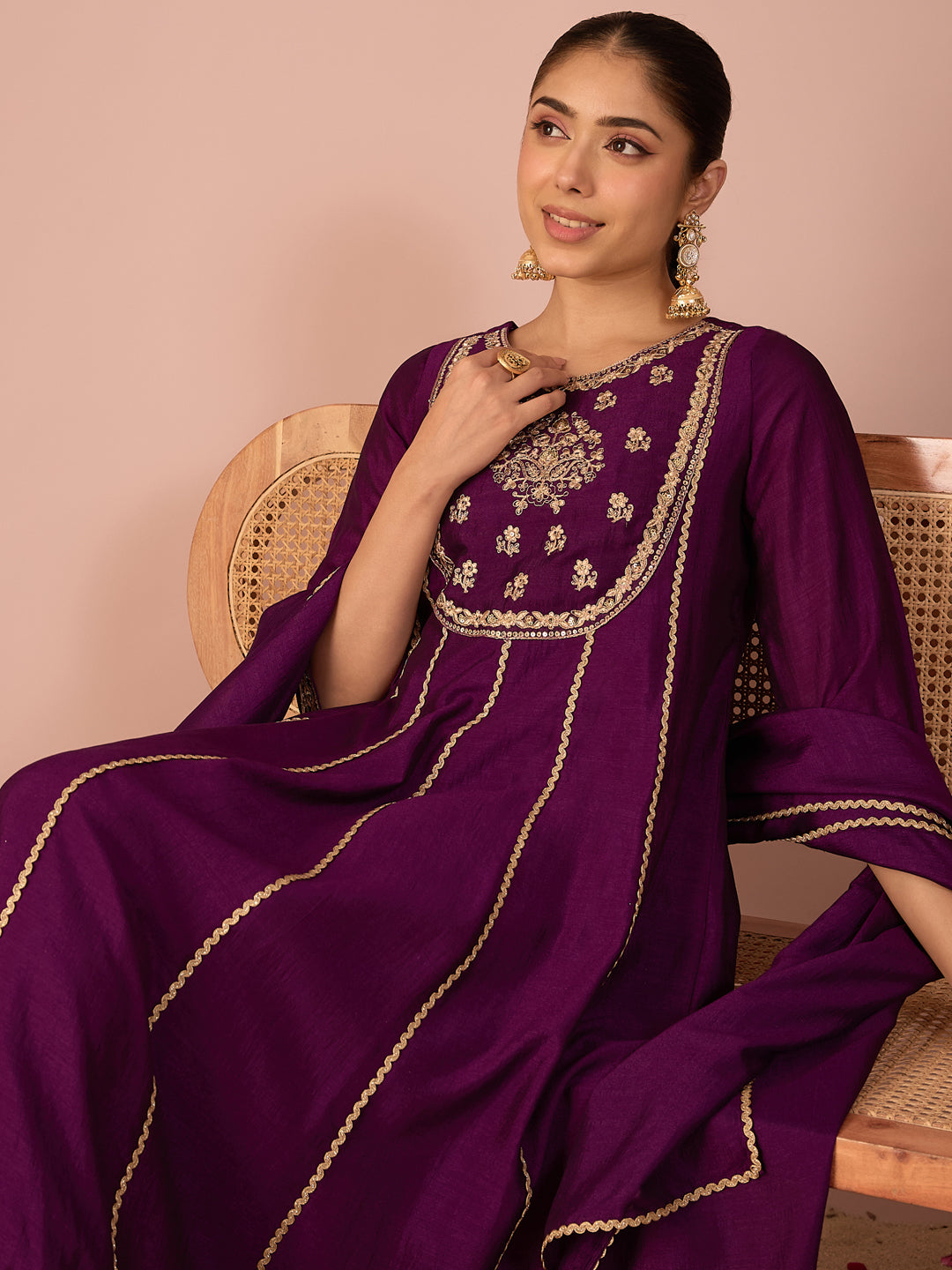 Janasya Women's Purple Silk Blend Floral Zari Embroidered Anarkali Kurta Set
