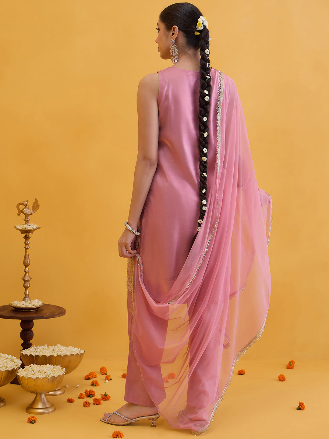 Janasya Women's Pink Silk Blend Floral Zari Embroidered Straight Kurta Set