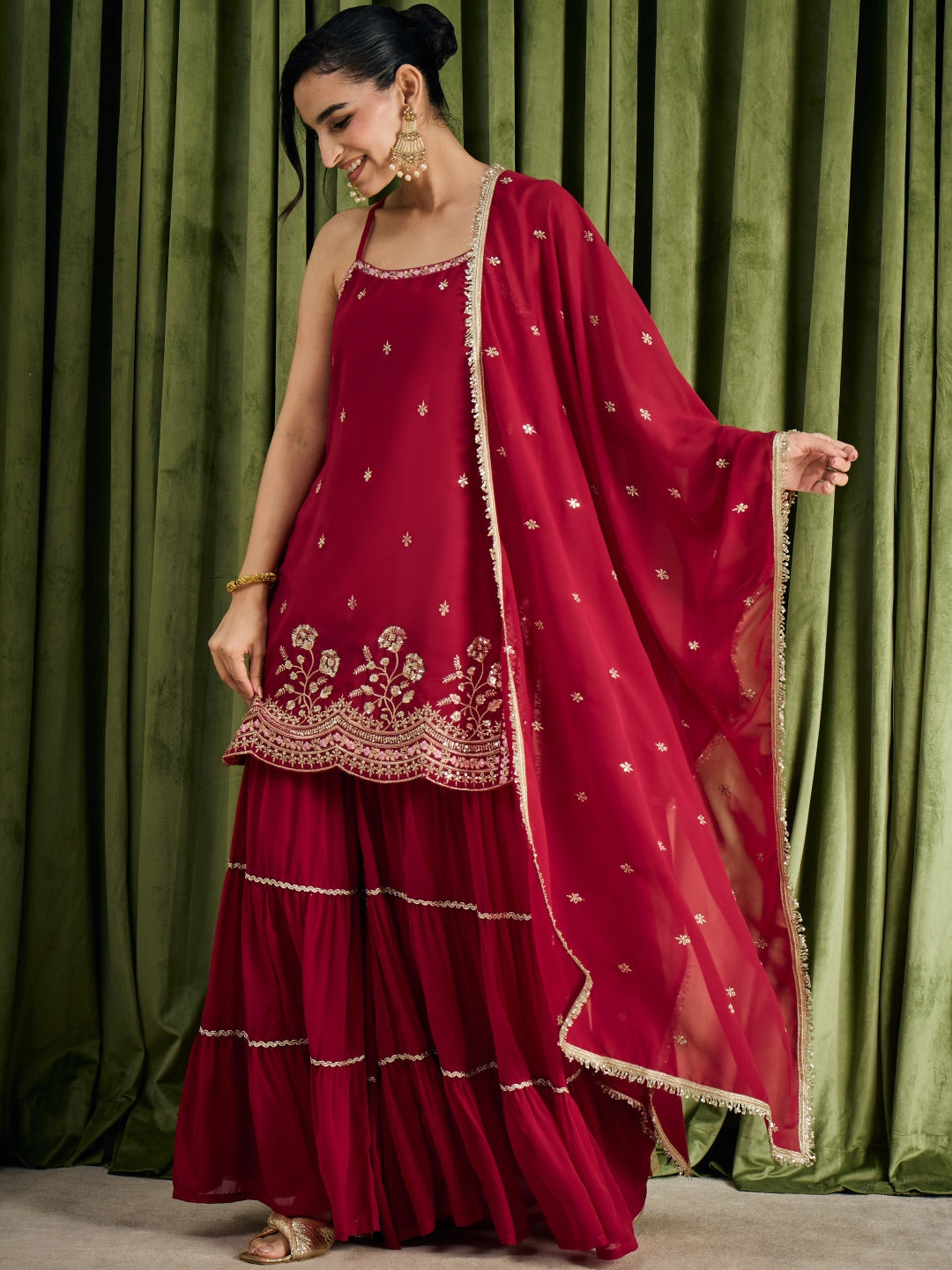 Janasya Women's Maroon Georgette Floral Zari Embroidered Straight Kurta with Sharara And Dupatta Set