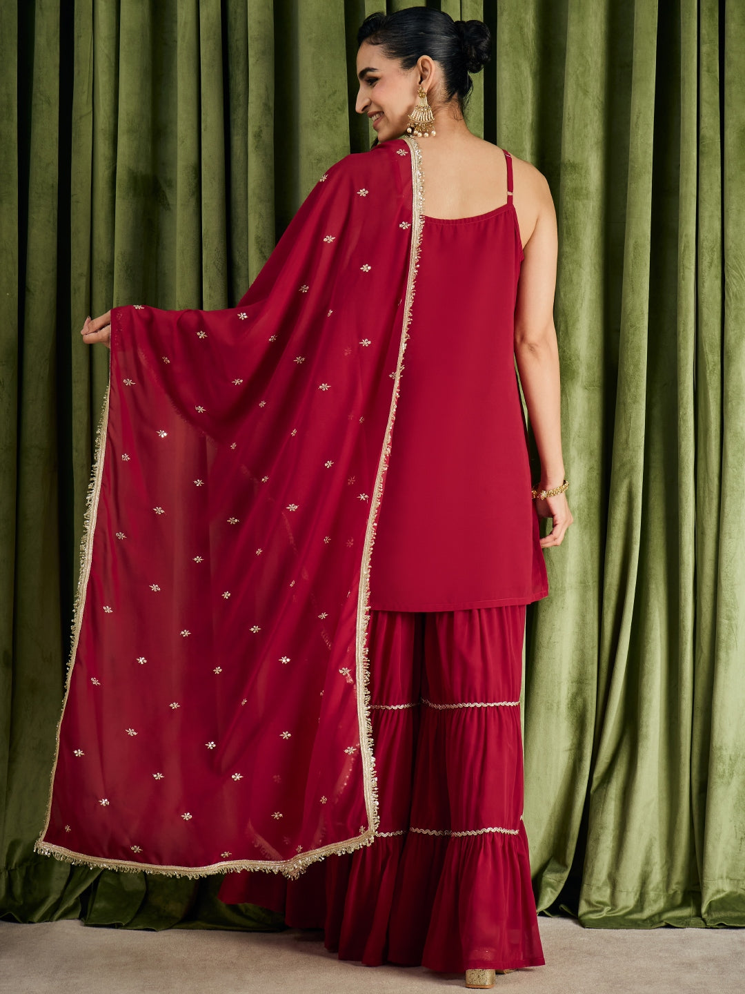 Janasya Women's Maroon Georgette Floral Zari Embroidered Straight Kurta with Sharara And Dupatta Set