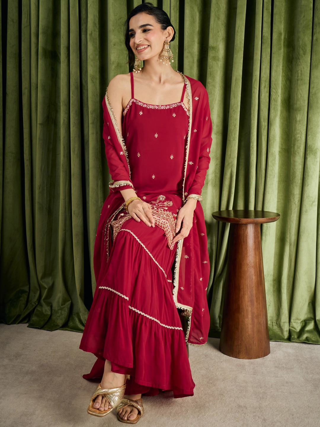 Janasya Women's Maroon Georgette Floral Zari Embroidered Straight Kurta with Sharara And Dupatta Set