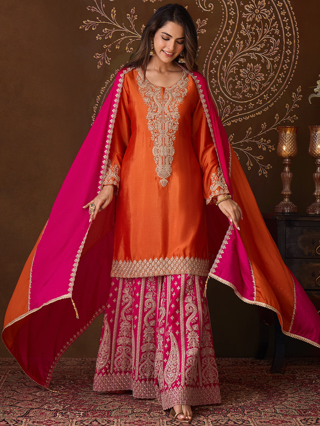 Janasya Women's Orange Silk Blend Floral Zari Embroidered Straight Kurta and Sharara Set with Dupatta