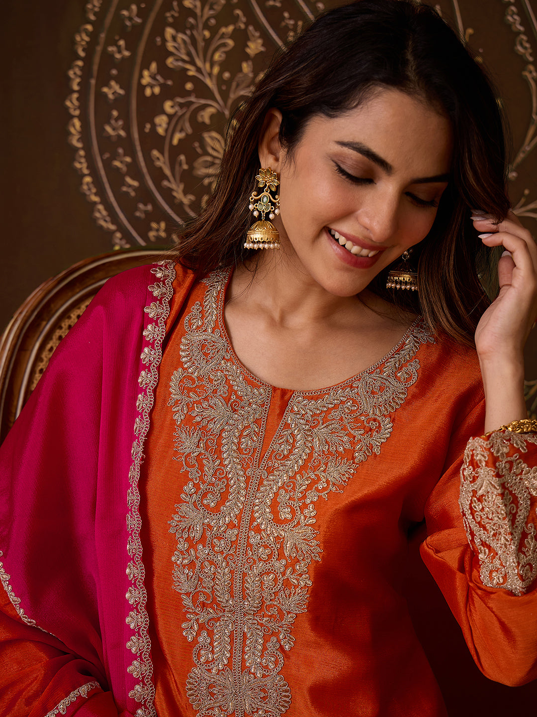 Janasya Women's Orange Silk Blend Floral Zari Embroidered Straight Kurta and Sharara Set with Dupatta