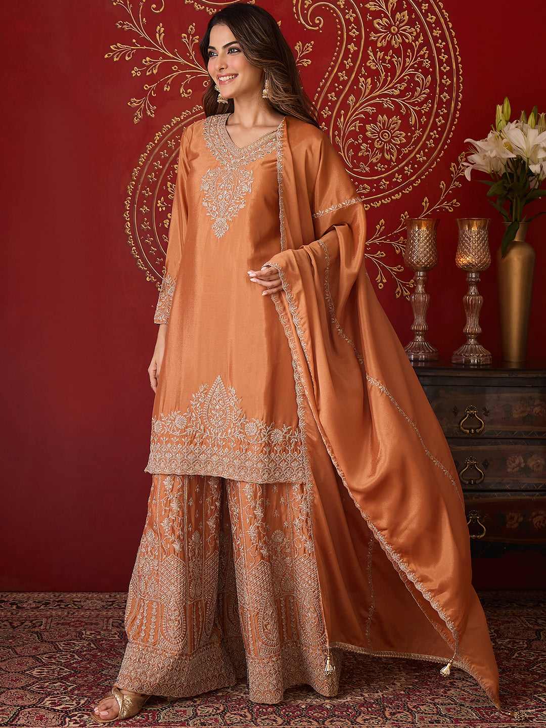 Janasya Women's Orange Silk Blend Floral Zari Embroidered Straight Kurta and Sharara Set with Dupatta