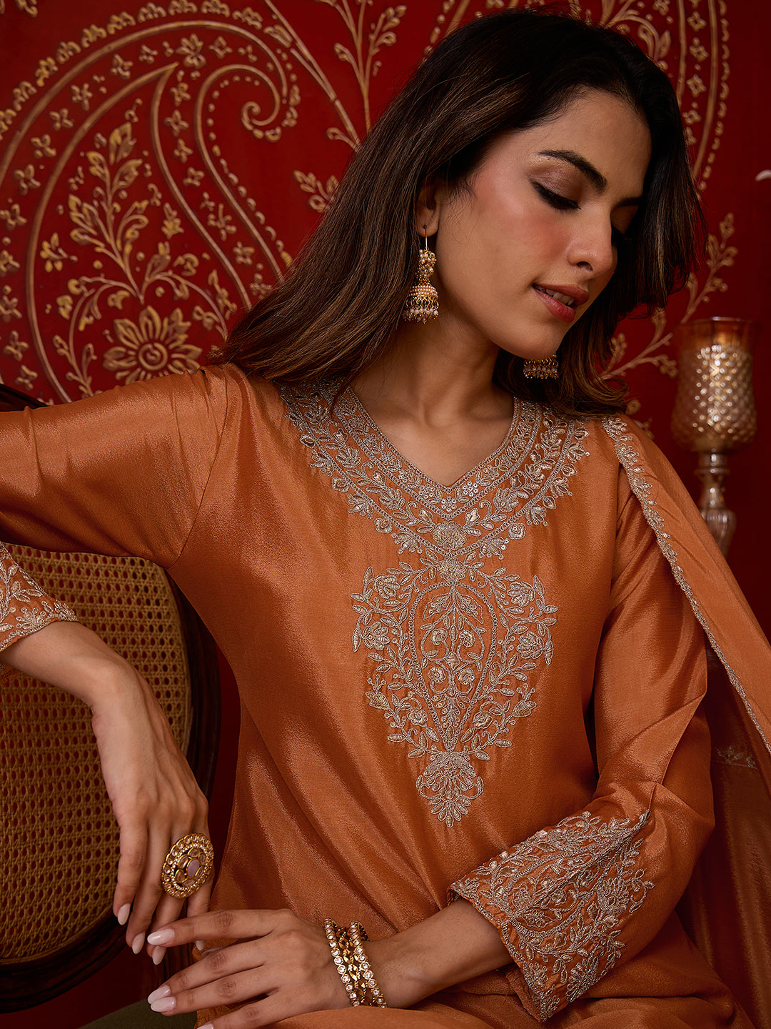 Janasya Women's Orange Silk Blend Floral Zari Embroidered Straight Kurta and Sharara Set with Dupatta