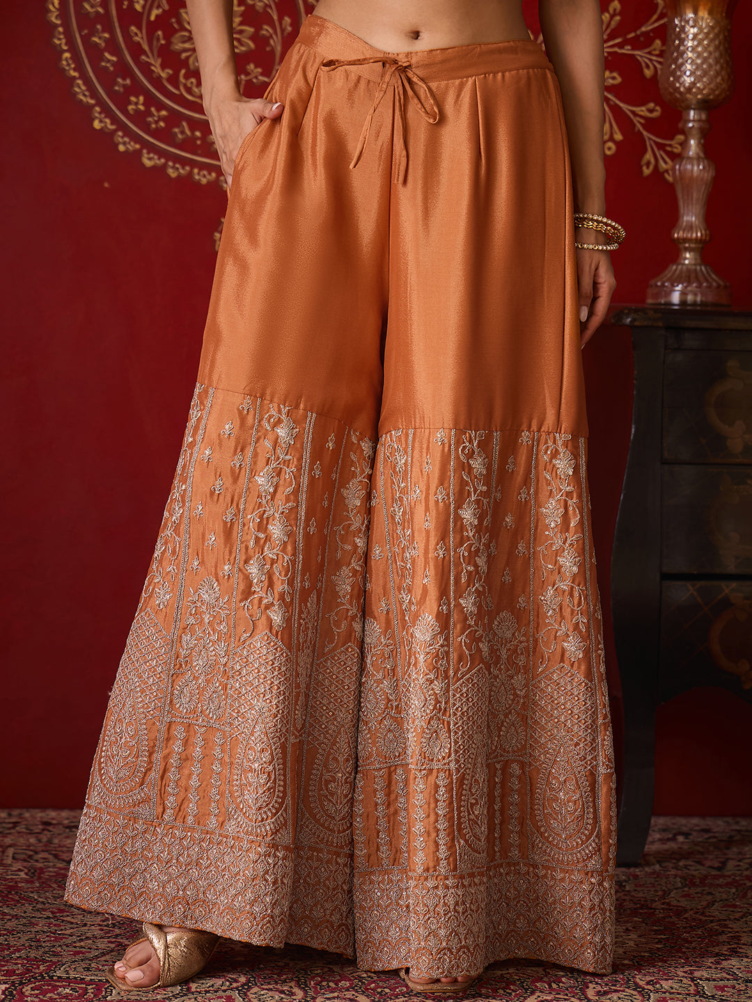 Janasya Women's Orange Silk Blend Floral Zari Embroidered Straight Kurta and Sharara Set with Dupatta