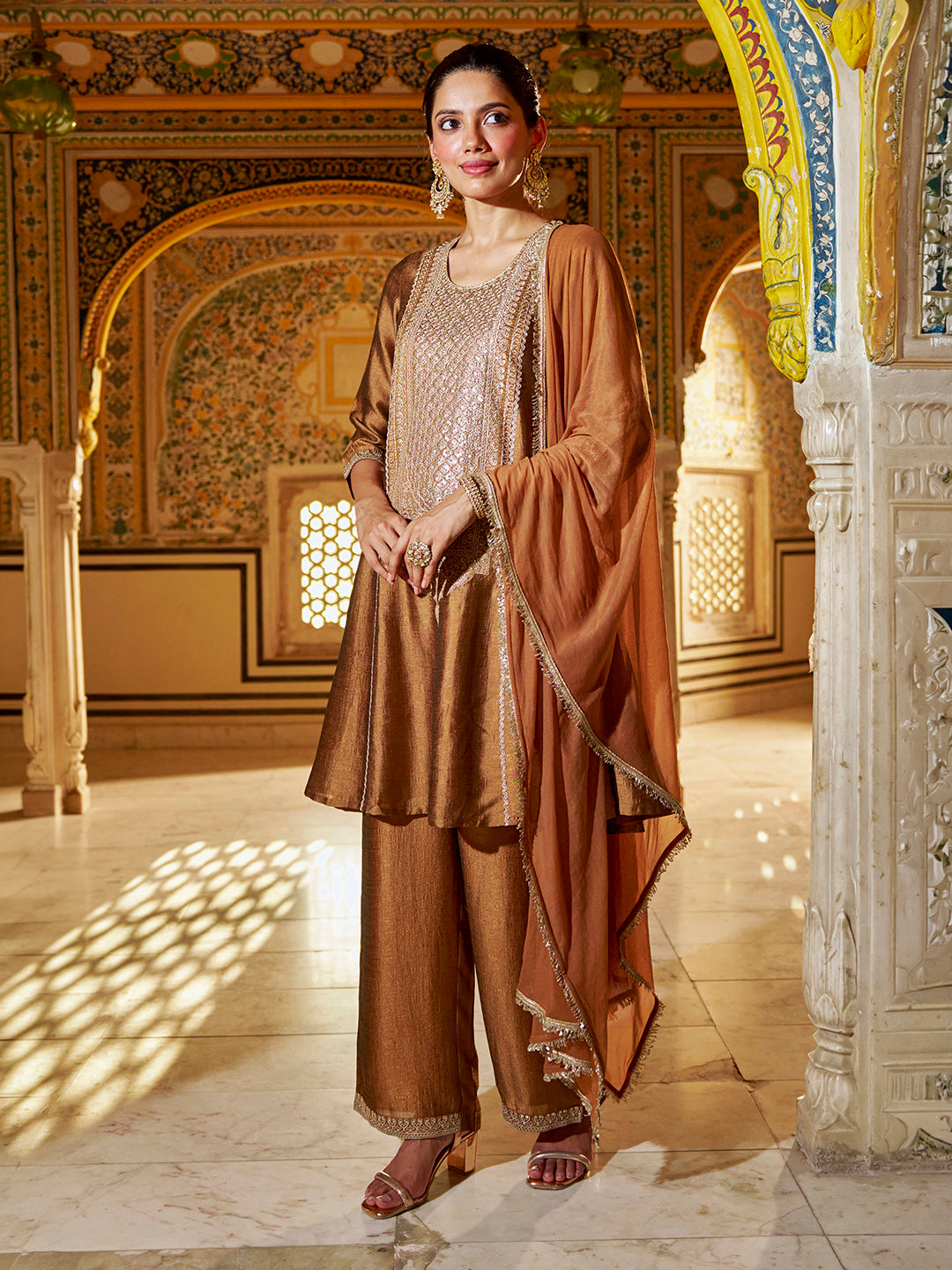 Janasya Women's Bronze Silk Blend Sequins Zari Embroidered A-Line Kurta Set