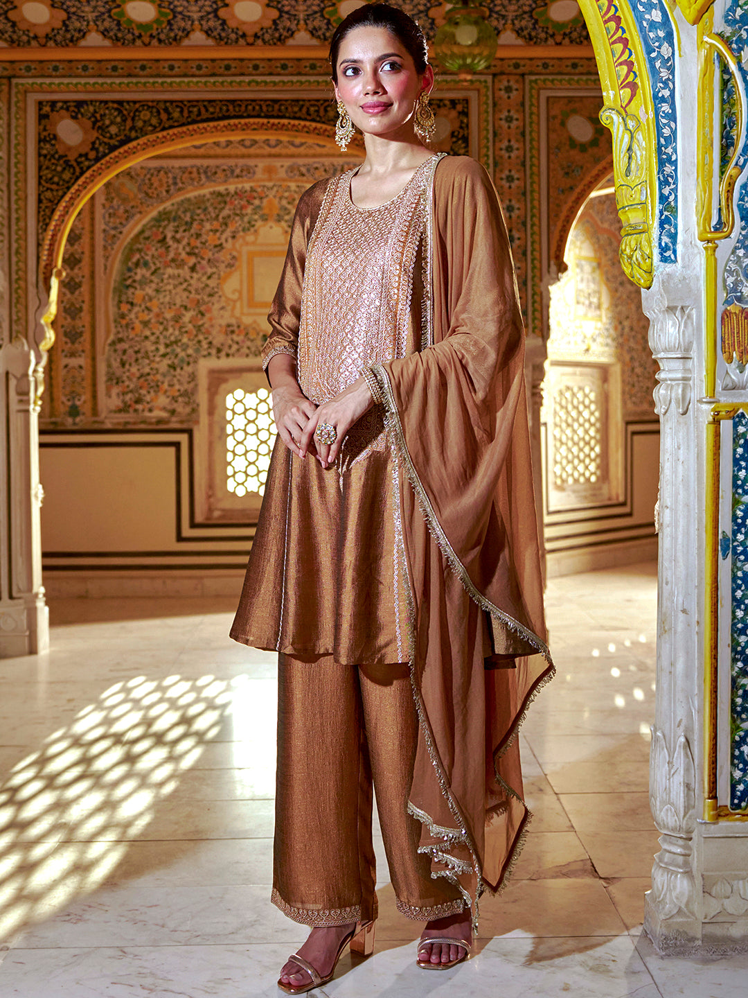 Janasya Women's Bronze Silk Blend Sequins Zari Embroidered A-Line Kurta Set