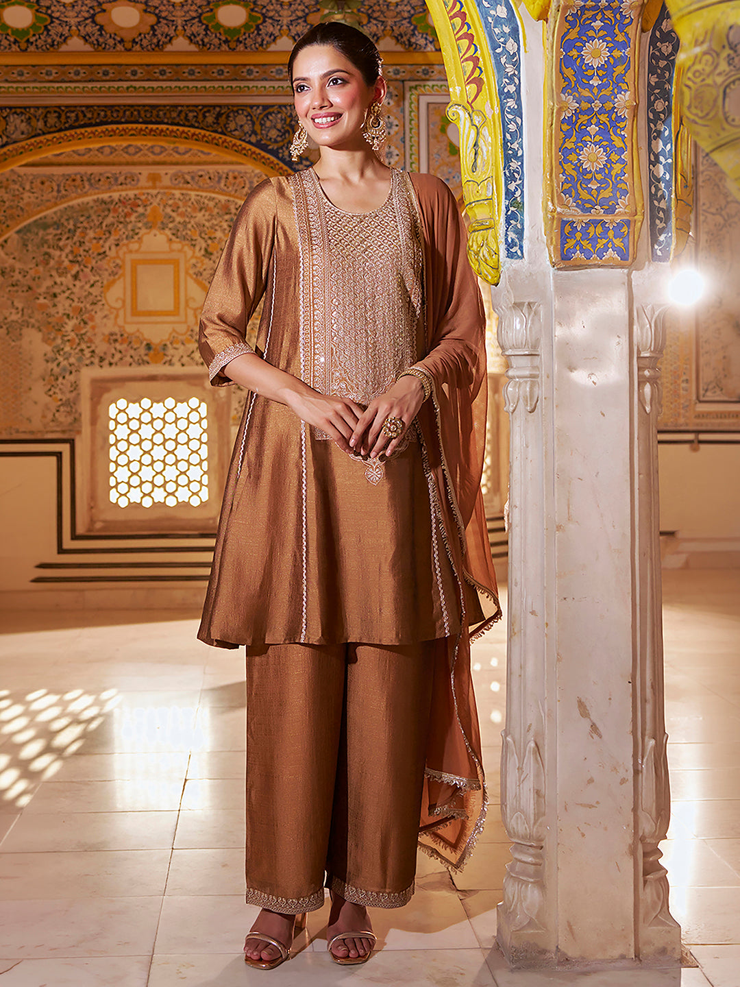 Janasya Women's Bronze Silk Blend Sequins Zari Embroidered A-Line Kurta Set