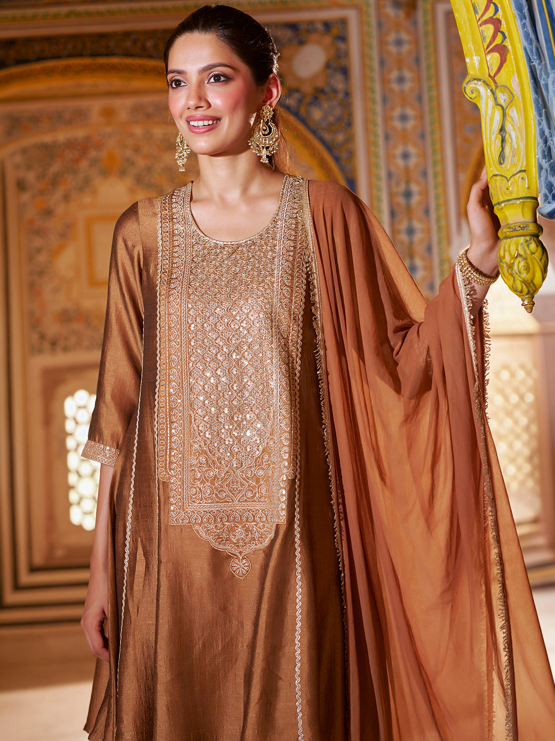 Janasya Women's Bronze Silk Blend Sequins Zari Embroidered A-Line Kurta Set
