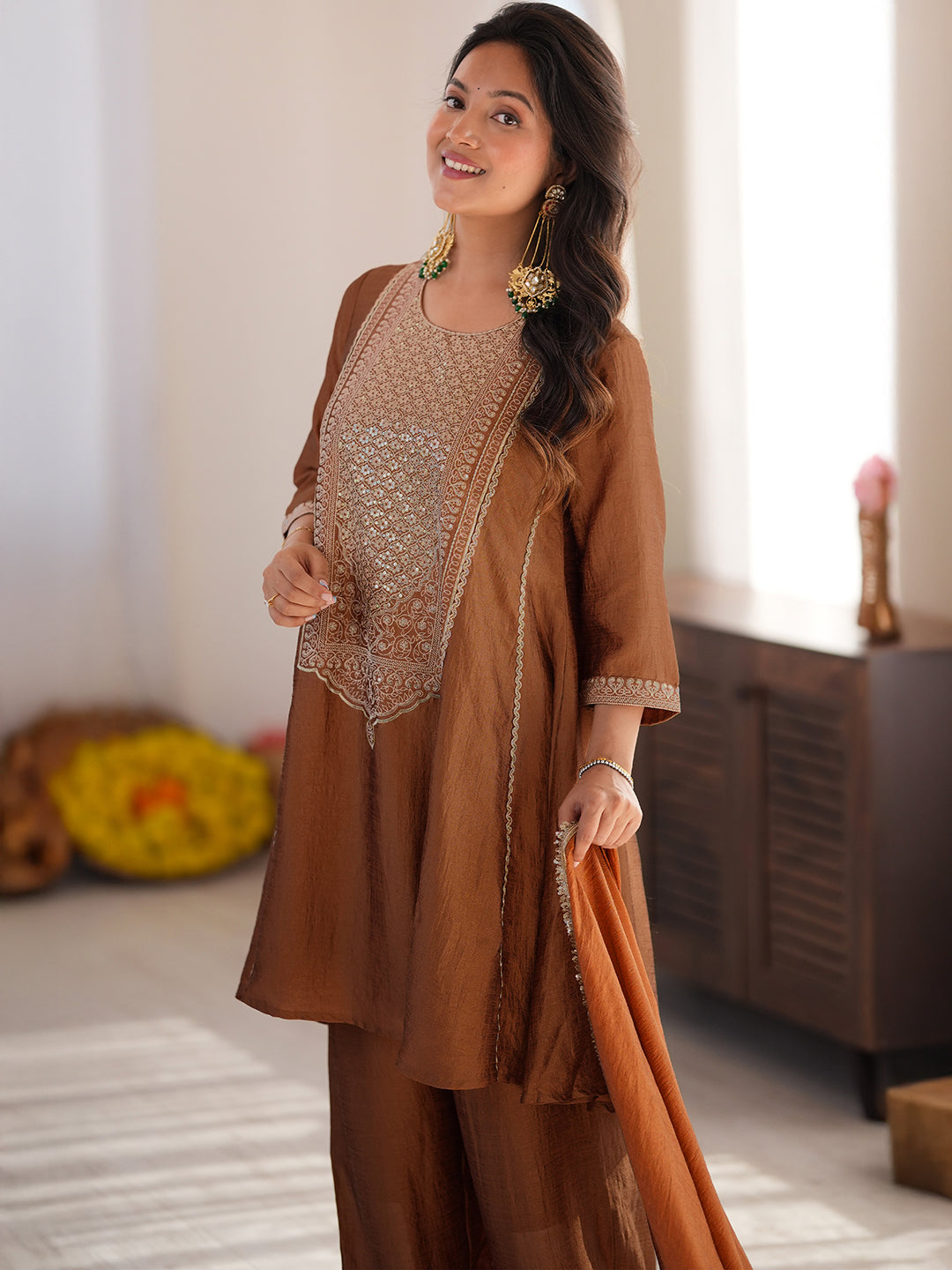 Janasya Women's Bronze Silk Blend Sequins Zari Embroidered A-Line Kurta Set
