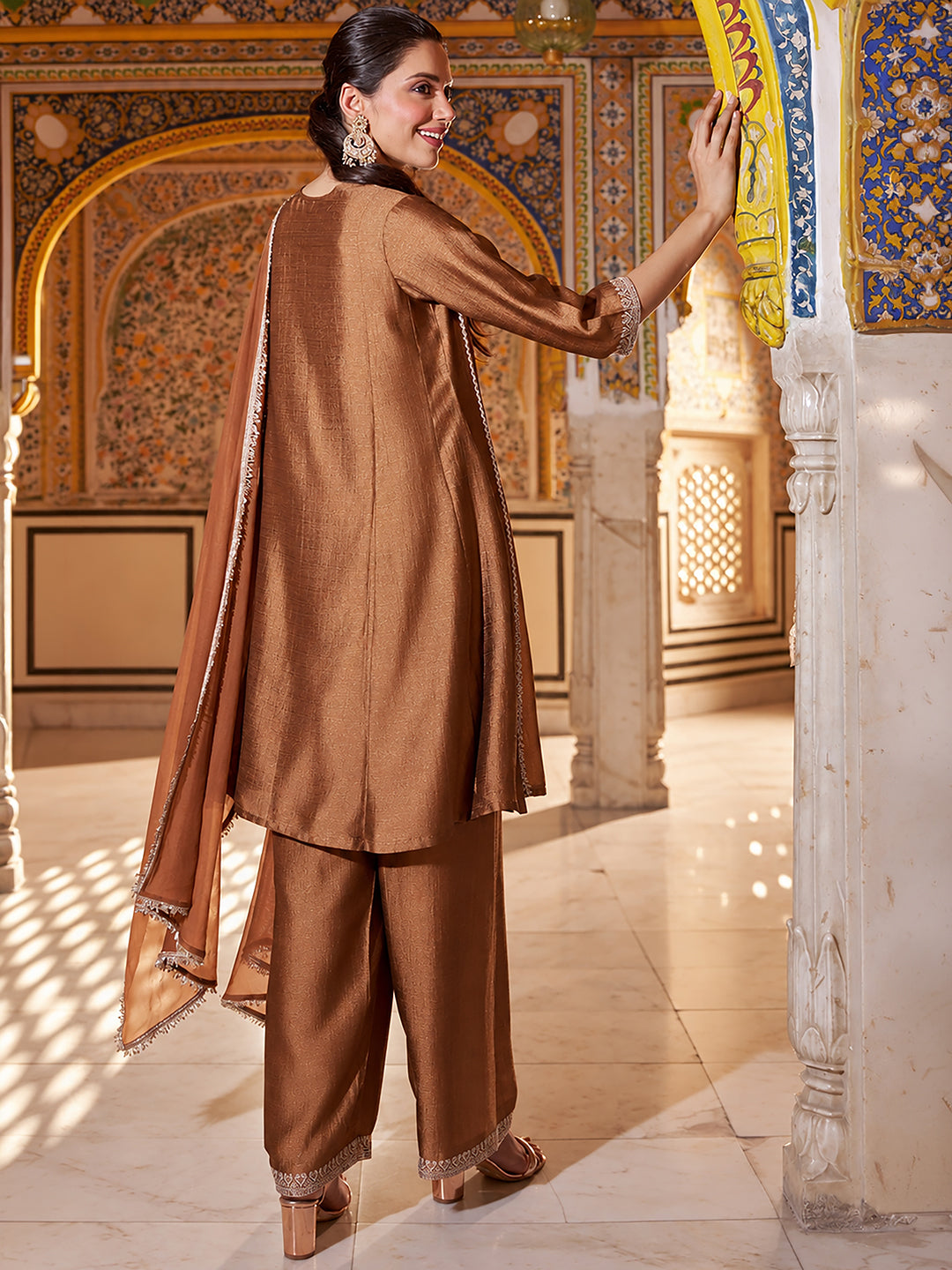 Janasya Women's Bronze Silk Blend Sequins Zari Embroidered A-Line Kurta Set
