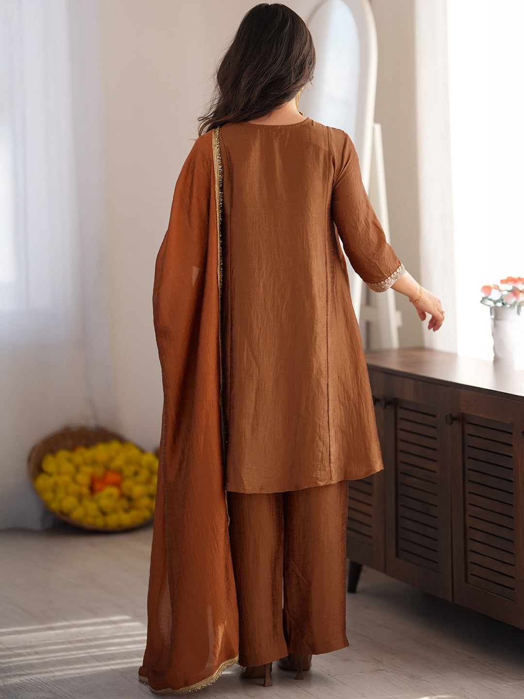 Janasya Women's Bronze Silk Blend Sequins Zari Embroidered A-Line Kurta Set