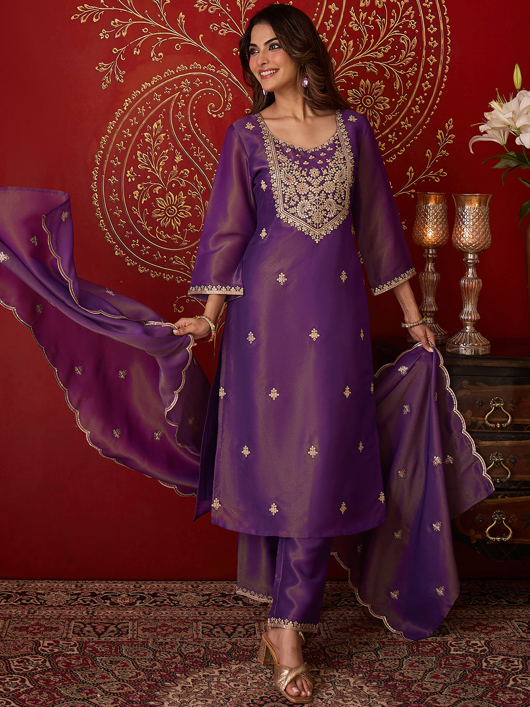 Janasya Women's Purple Silk Blend Floral Zari Embroidered Straight Kurta Set