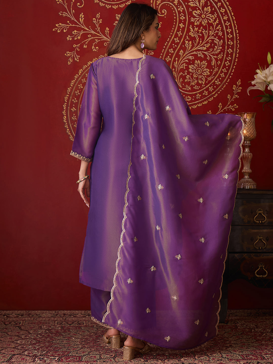 Janasya Women's Purple Silk Blend Floral Zari Embroidered Straight Kurta Set