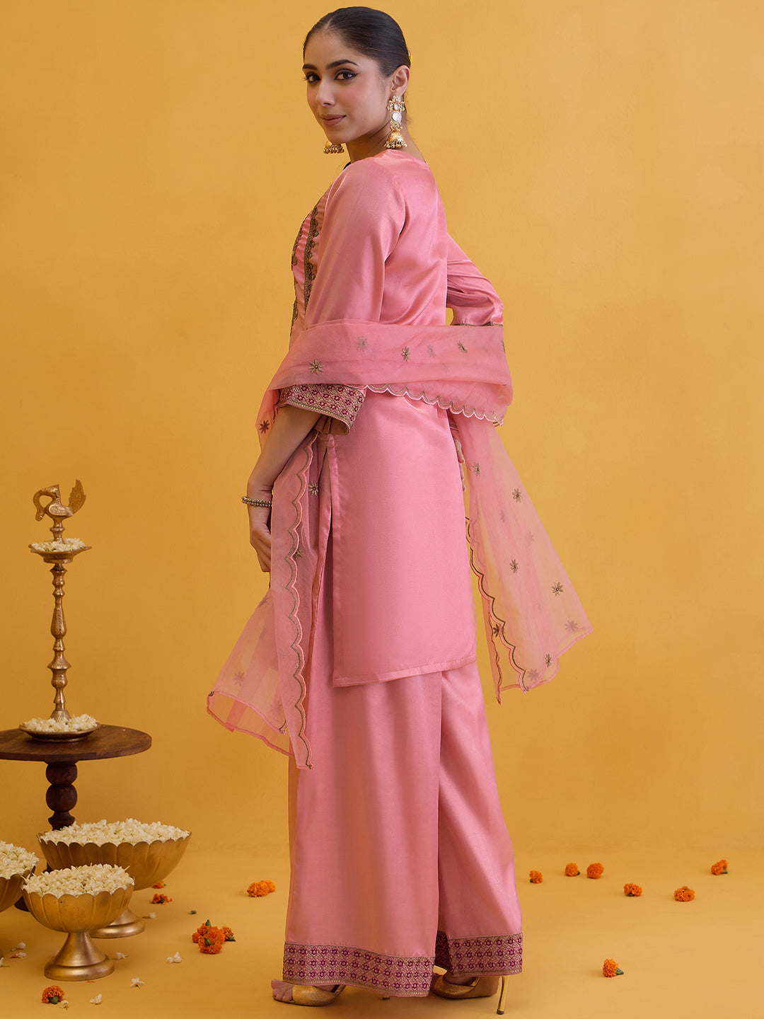 Janasya Women's Dusky Pink Silk Blend Floral Zari Embroidered Straight Kurta with Palazzo and Dupatta Set