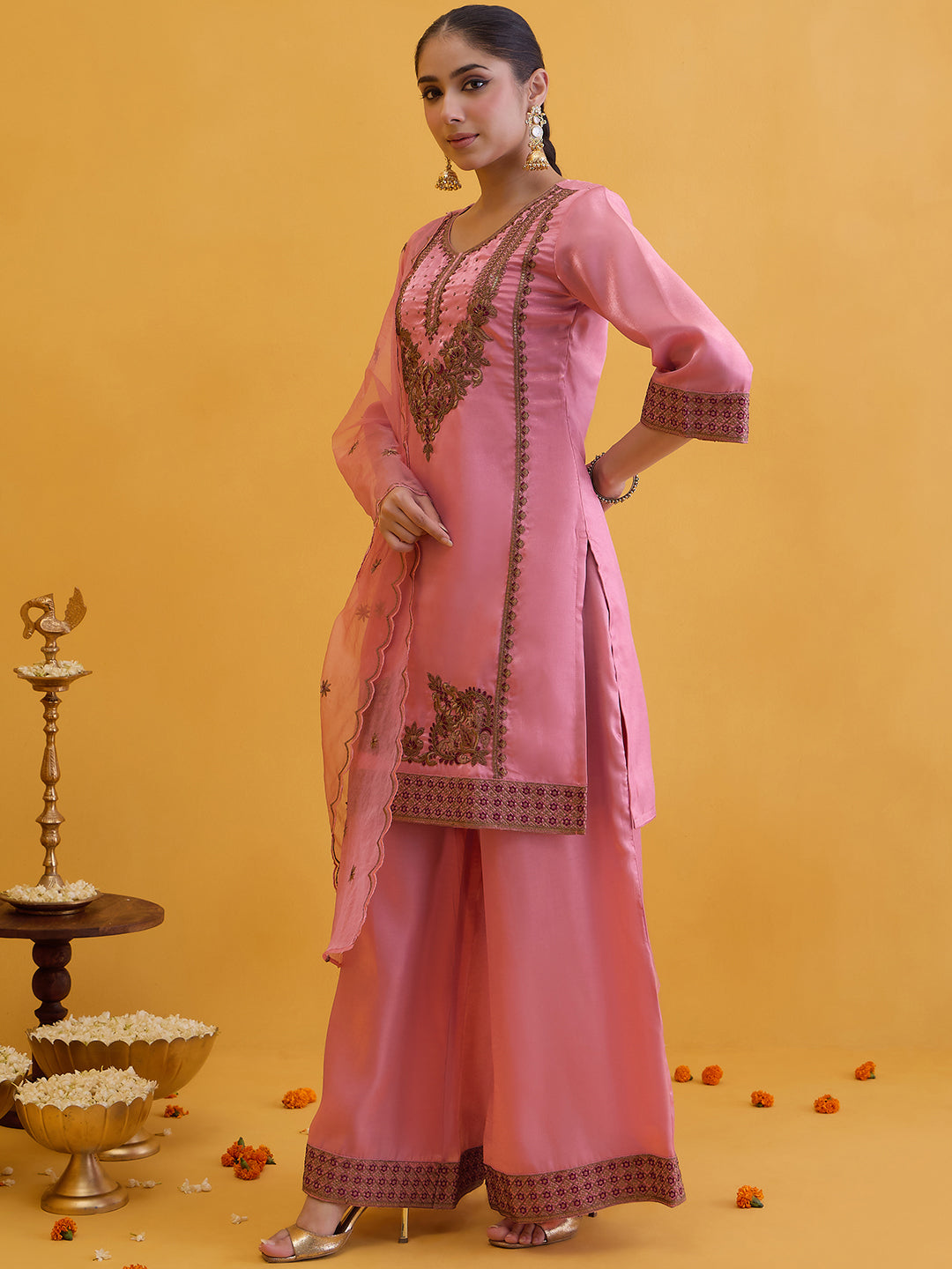 Janasya Women's Dusky Pink Silk Blend Floral Zari Embroidered Straight Kurta with Palazzo and Dupatta Set