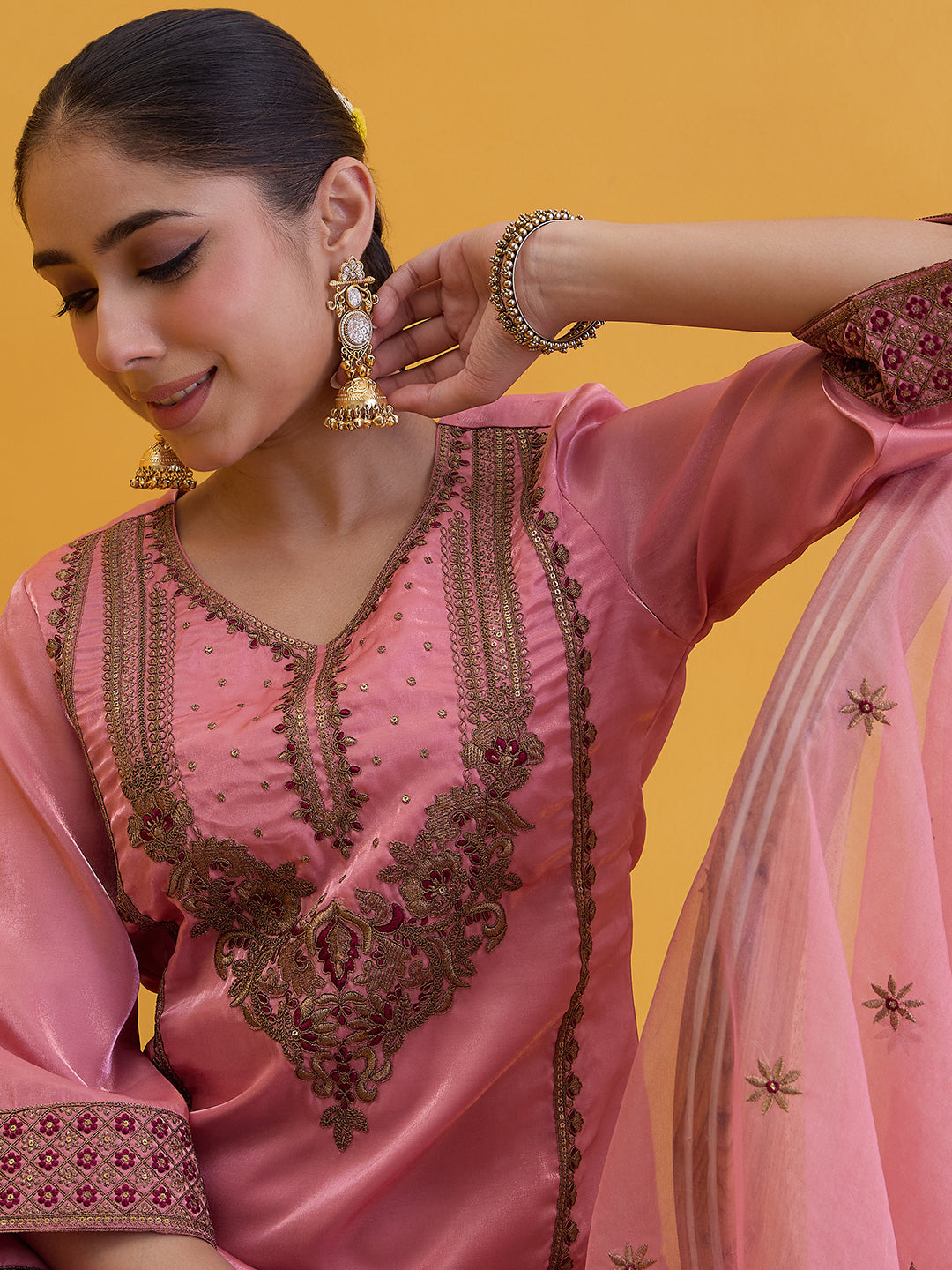 Janasya Women's Dusky Pink Silk Blend Floral Zari Embroidered Straight Kurta with Palazzo and Dupatta Set