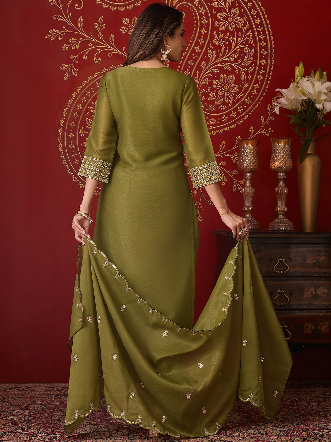 Janasya Women's Green Silk Blend Embellished Straight Kurta Set with Embroidered Dupatta
