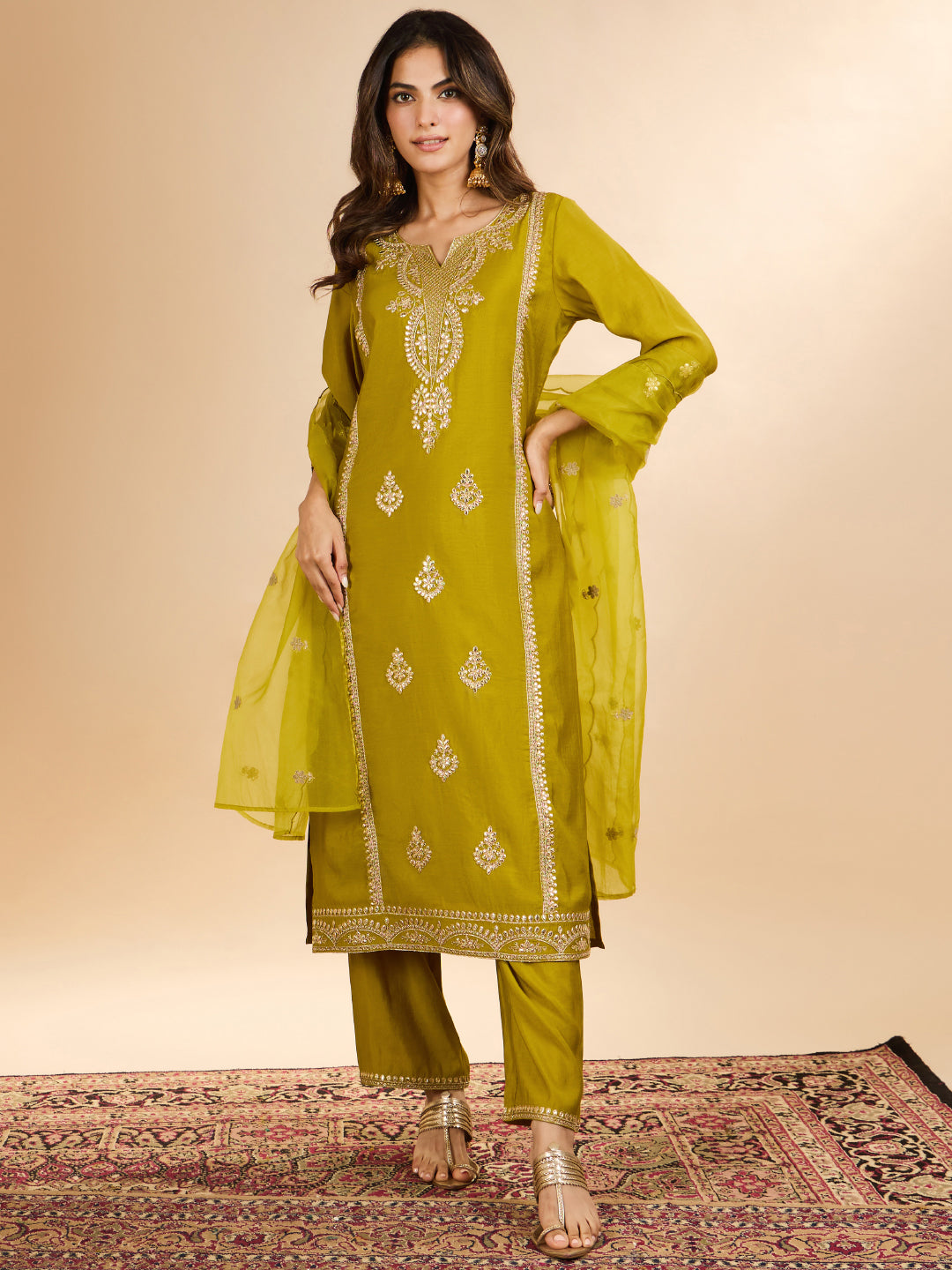 Janasya Women's Lime Green Chanderi Silk Zari Embroidered Straight Kurta Set