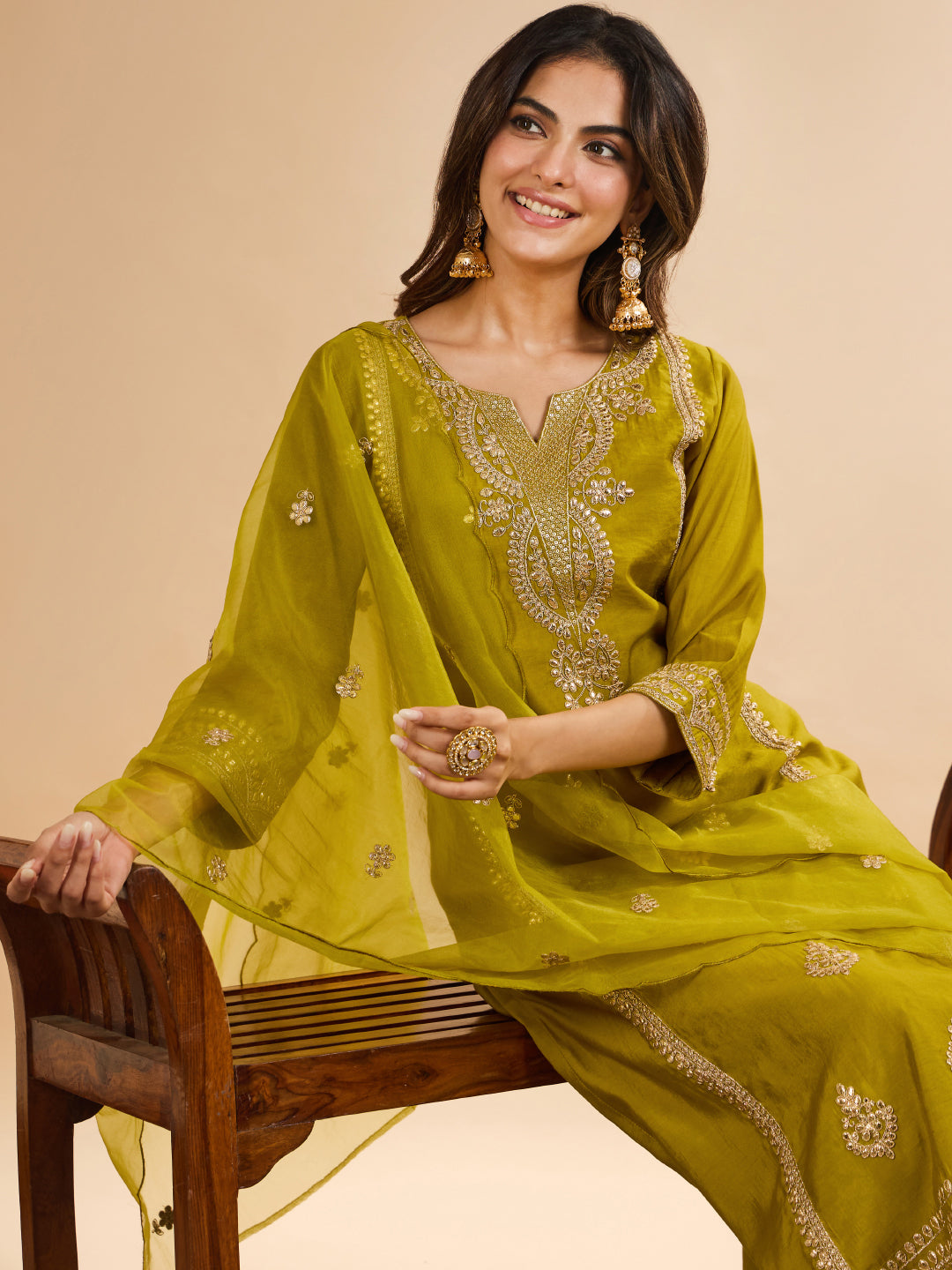 Janasya Women's Lime Green Chanderi Silk Zari Embroidered Straight Kurta Set