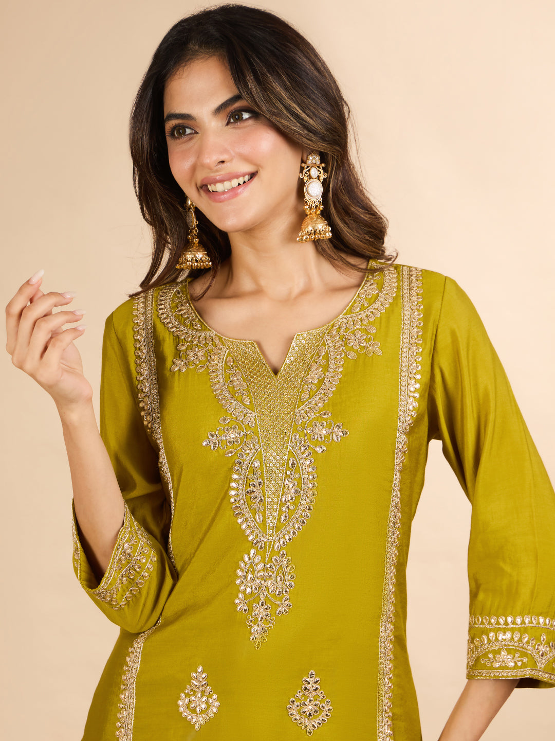 Janasya Women's Lime Green Chanderi Silk Zari Embroidered Straight Kurta Set