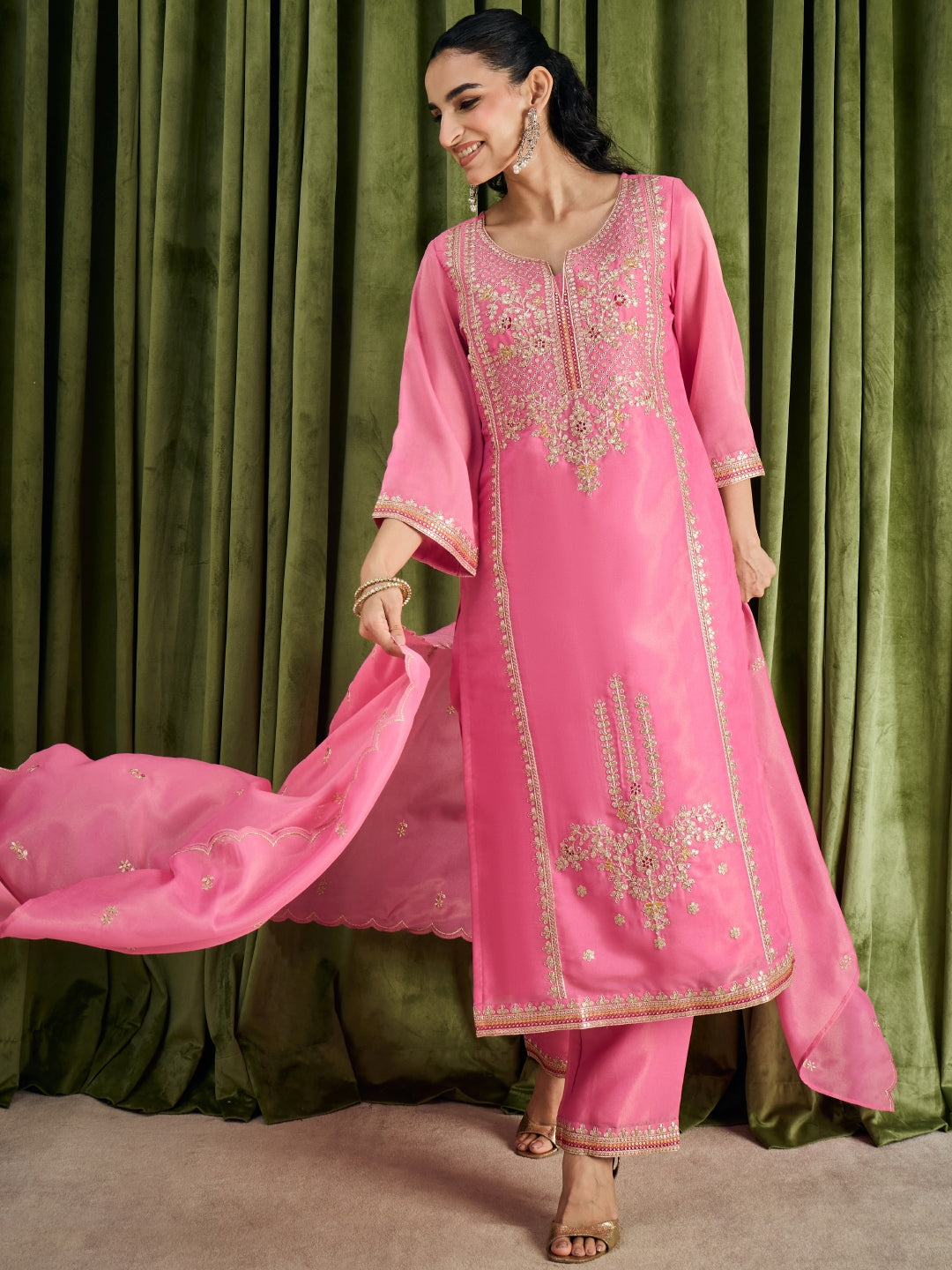 Janasya Women's Pink Silk Blend Floral Embroidered Straight Kurta Set