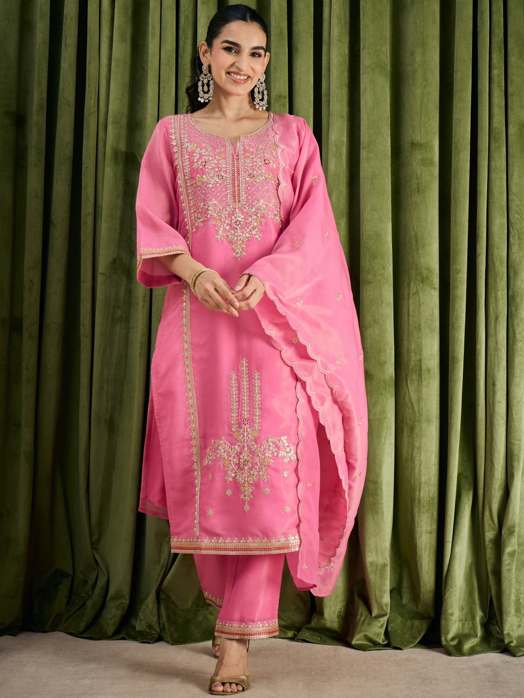 Janasya Women's Pink Silk Blend Floral Embroidered Straight Kurta Set