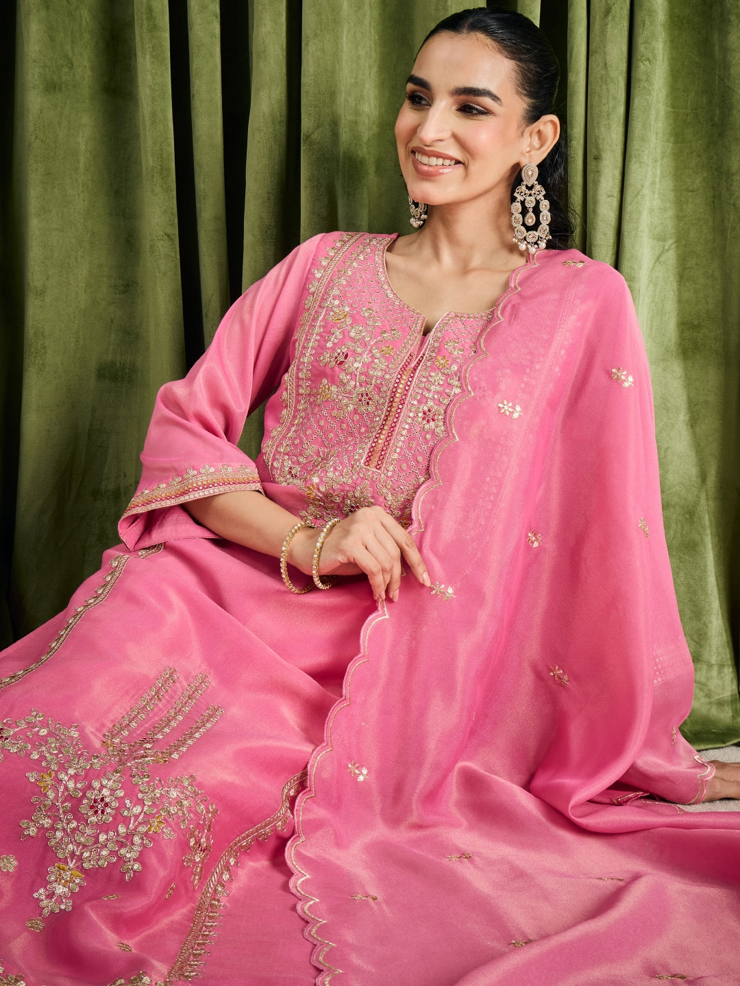 Janasya Women's Pink Silk Blend Floral Embroidered Straight Kurta Set