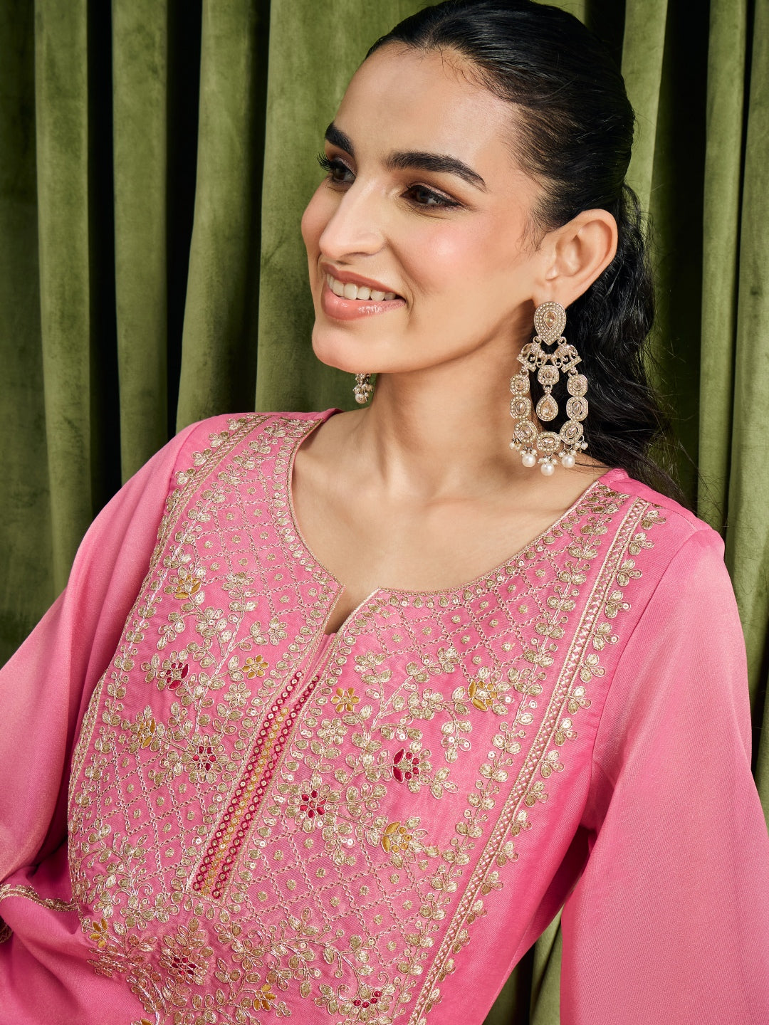 Janasya Women's Pink Silk Blend Floral Embroidered Straight Kurta Set