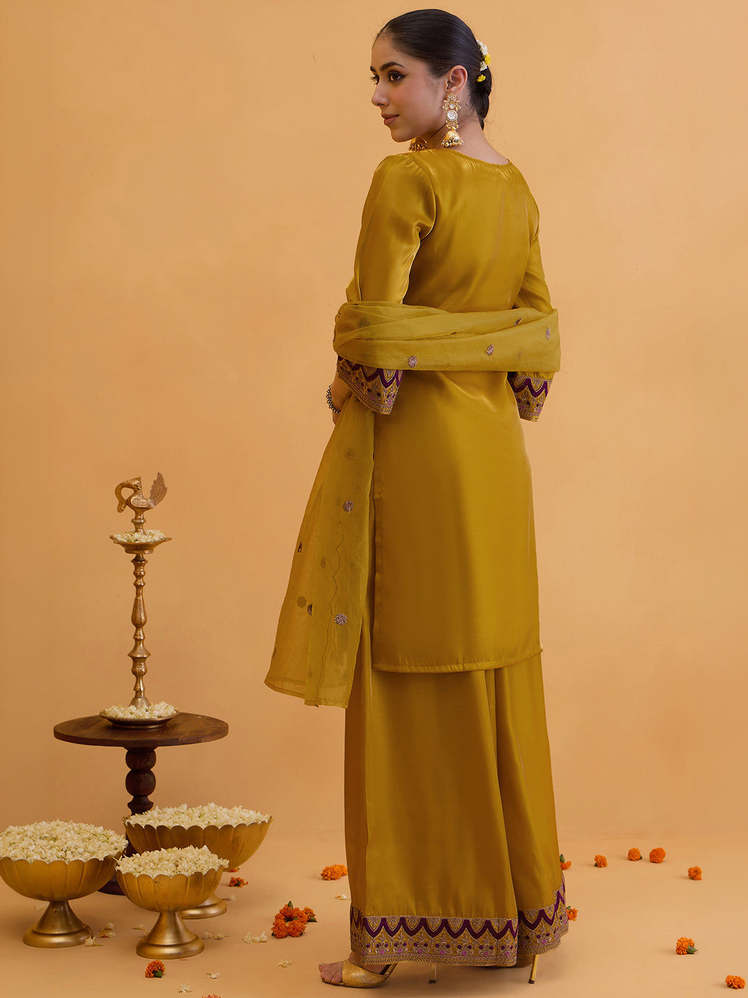 Janasya Women's Mustard Silk Blend Floral Zari Embroidered Straight Kurta with Palazzo and Dupatta Set