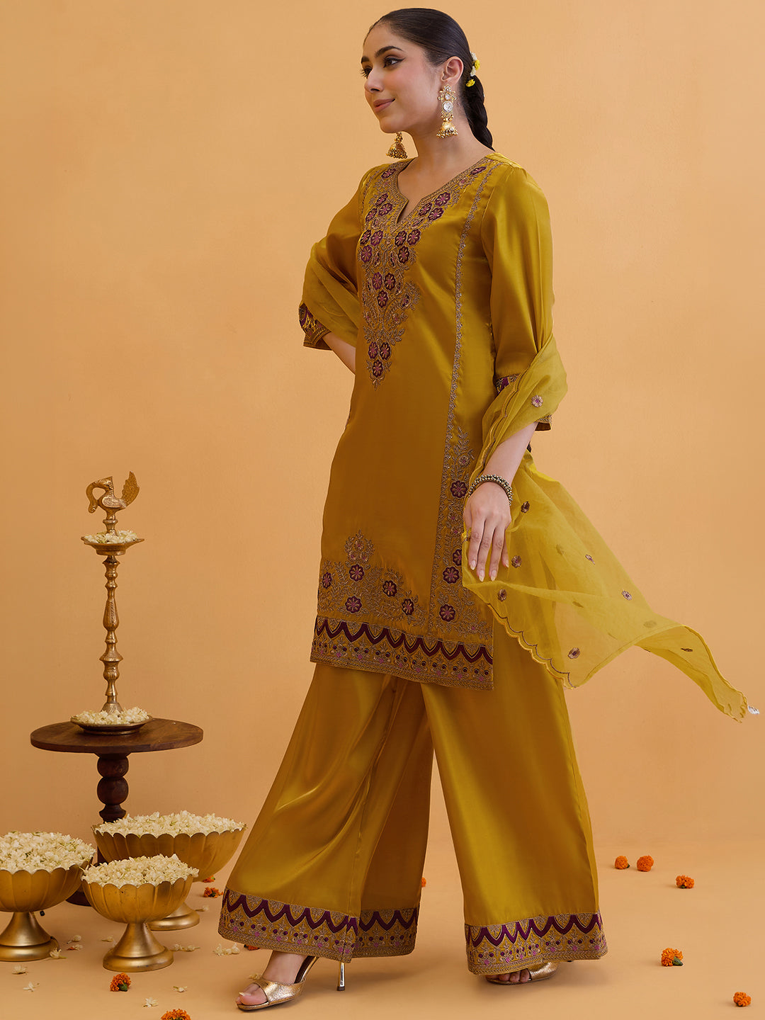 Janasya Women's Mustard Silk Blend Floral Zari Embroidered Straight Kurta with Palazzo and Dupatta Set