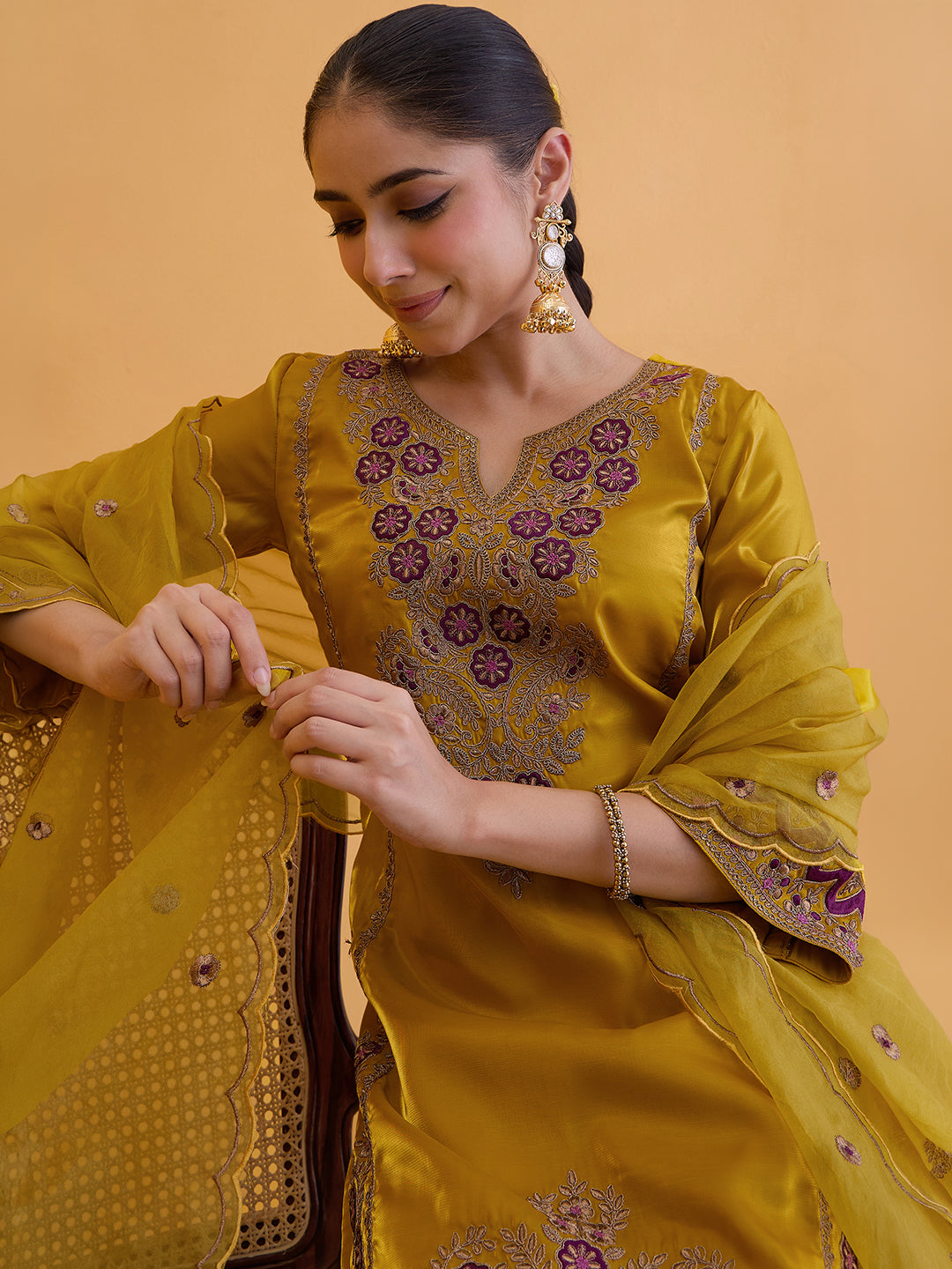 Janasya Women's Mustard Silk Blend Floral Zari Embroidered Straight Kurta with Palazzo and Dupatta Set