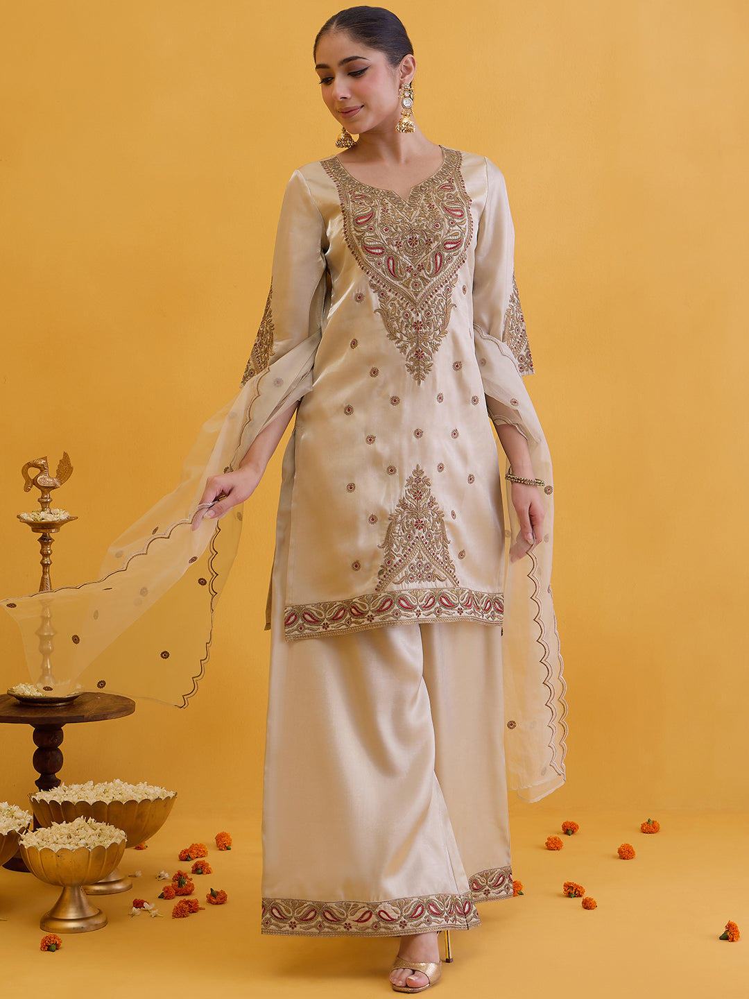 Janasya Women's Champagne Silk Blend Floral Zari Embroidered Straight Kurta with Palazzo and Dupatta Set