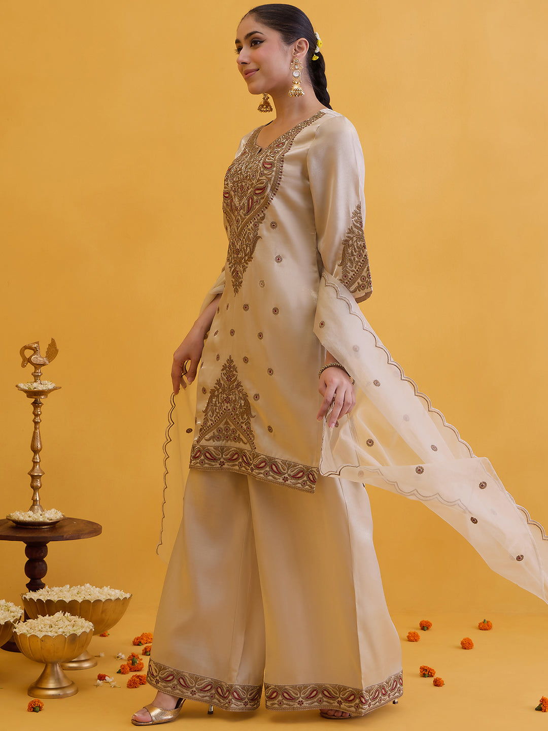 Janasya Women's Champagne Silk Blend Floral Zari Embroidered Straight Kurta with Palazzo and Dupatta Set