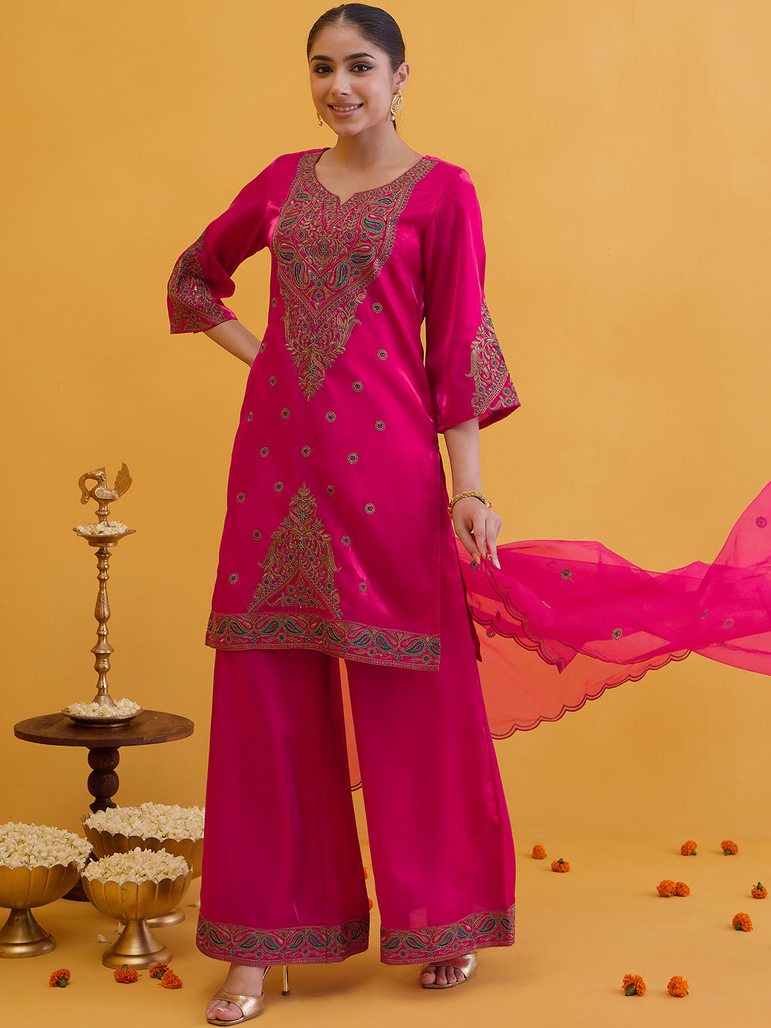 Janasya Women's Pink Silk Blend Zari Embroidered Straight Kurta with Palazzo And Dupatta Set