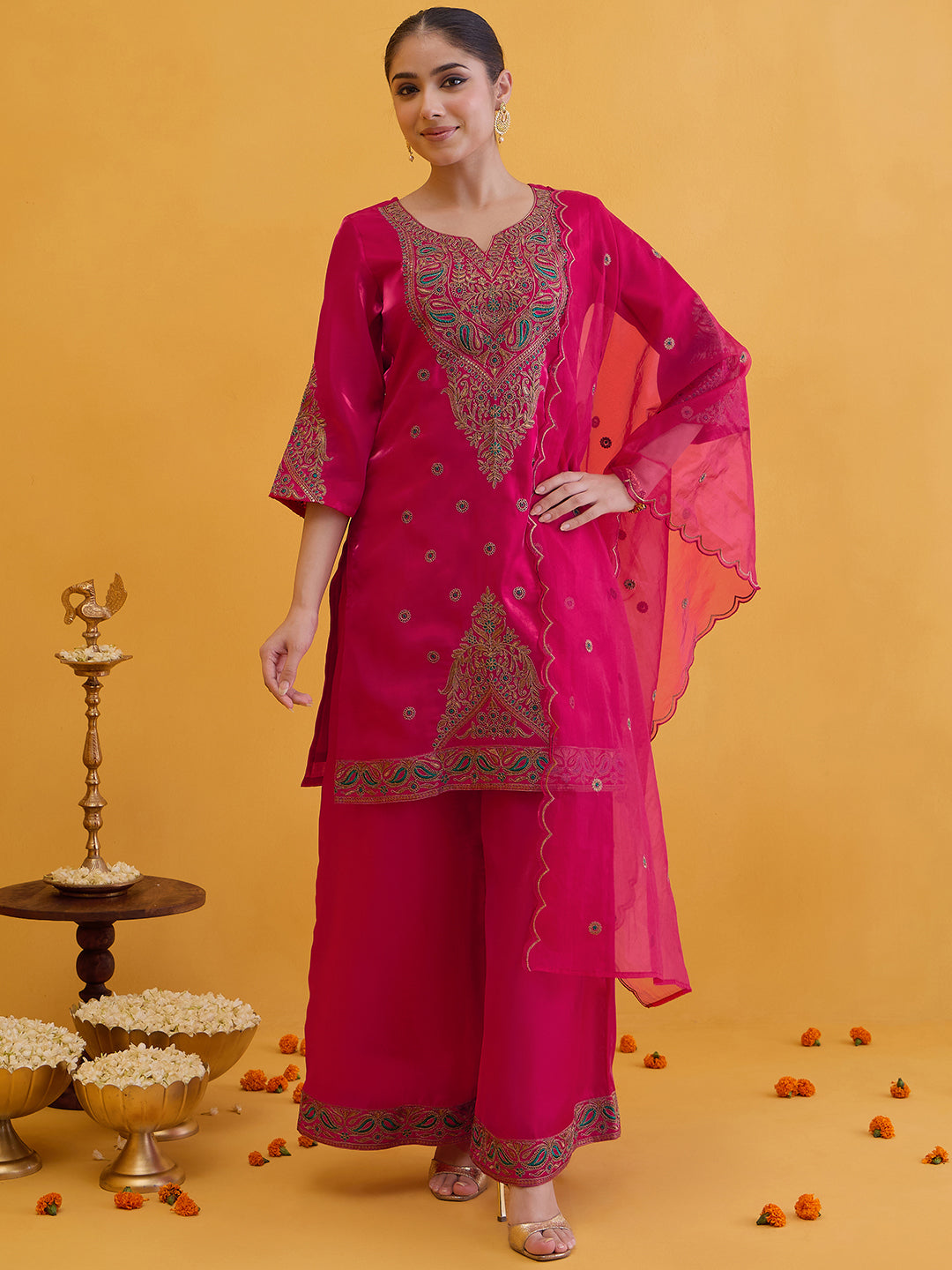 Janasya Women's Pink Silk Blend Zari Embroidered Straight Kurta with Palazzo And Dupatta Set