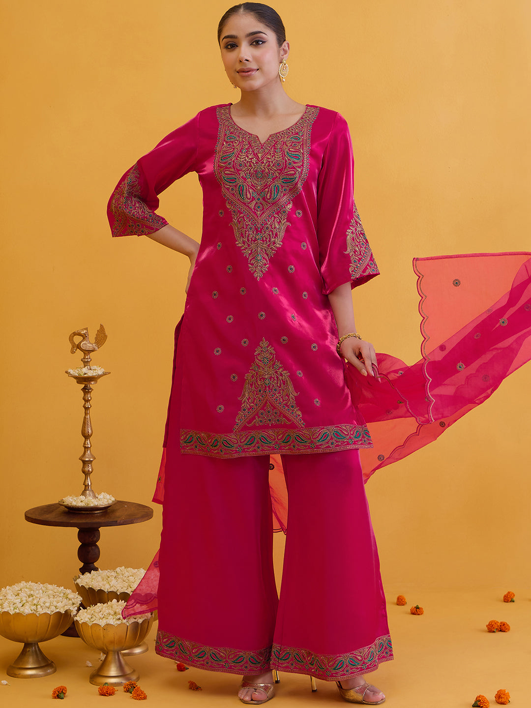 Janasya Women's Pink Silk Blend Zari Embroidered Straight Kurta with Palazzo And Dupatta Set